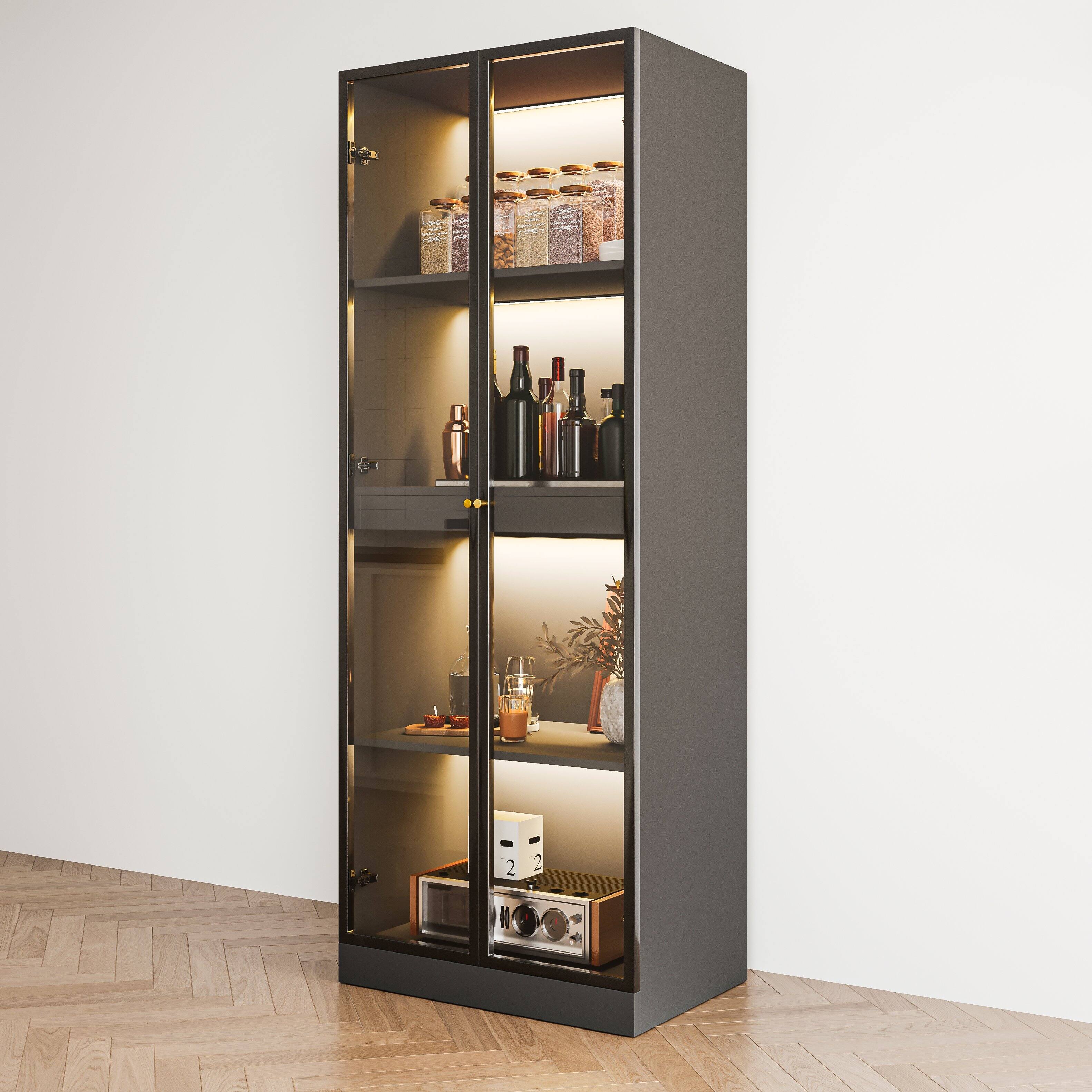 Alt View 1. MSOOB - 23.6" Glass Display China Cabinet With Pull-Out Bar Shelf, Dining Cabinet With Glass Doors and Wireless LED Light - black.