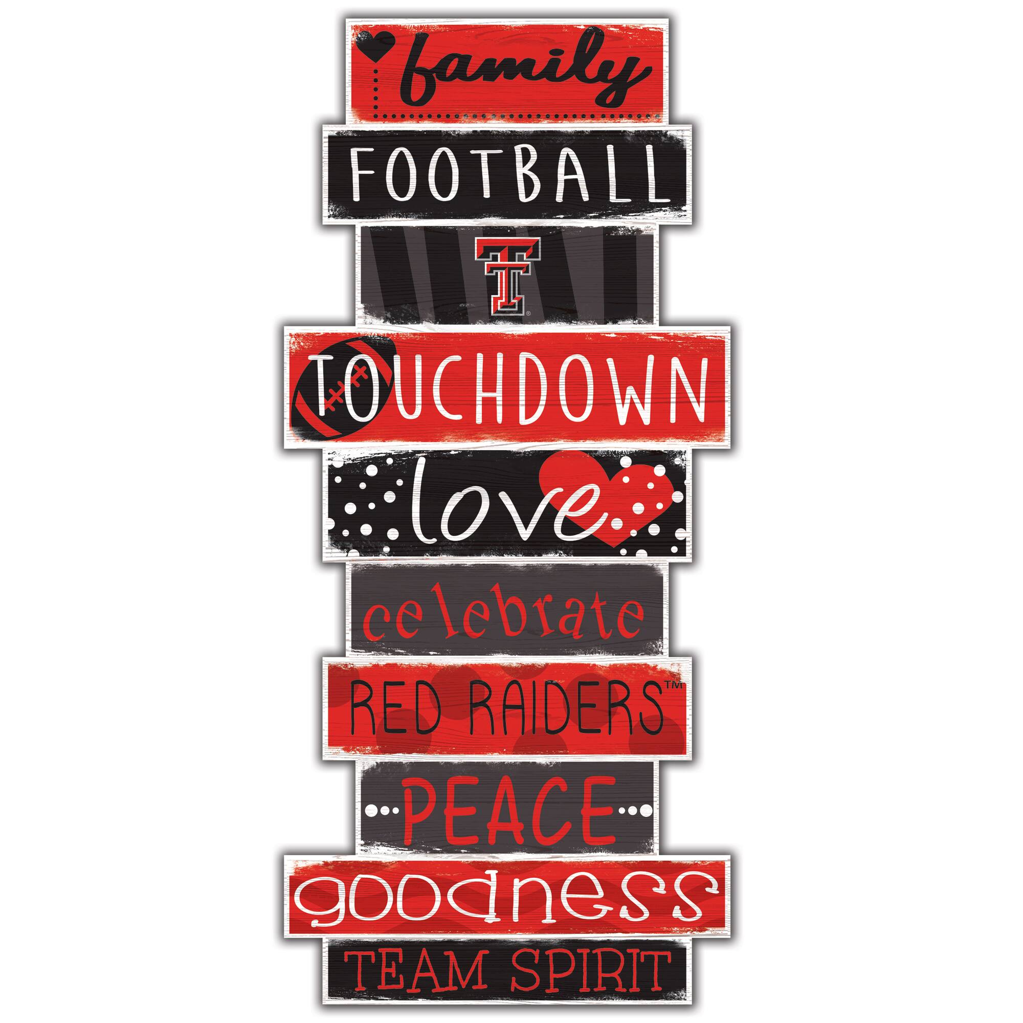 - Family
- Football
- Touchdown
- Love
- Celebrate
- Red Raiders
- Peace
- Goodness
- Team Spirit