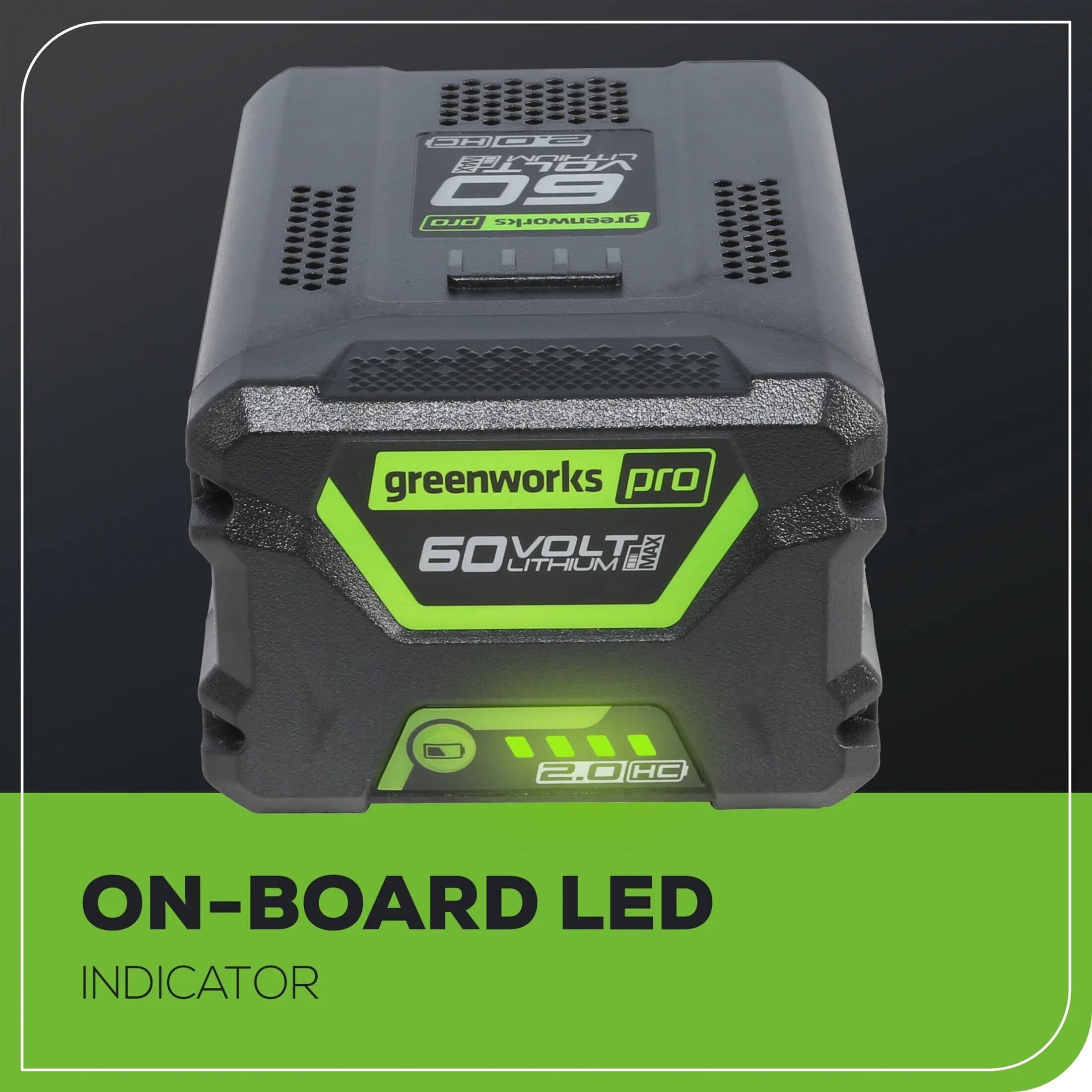 Sure, here is the corrected and grouped text from the image:

- **Greenworks Pro**
- **60 VOLT MAX**
- **2.0 HC**
- **ON-BOARD LED INDICATOR**