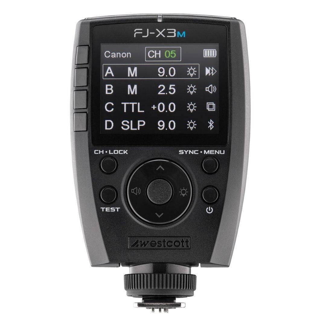 FJ-X3M  
Canon  
CH 05  
A M 9.0  
B M 2.5  
C TTL +0.0  
D SLP 9.0  
CH LOCK  
SYNC MENU  
TEST  
westcott