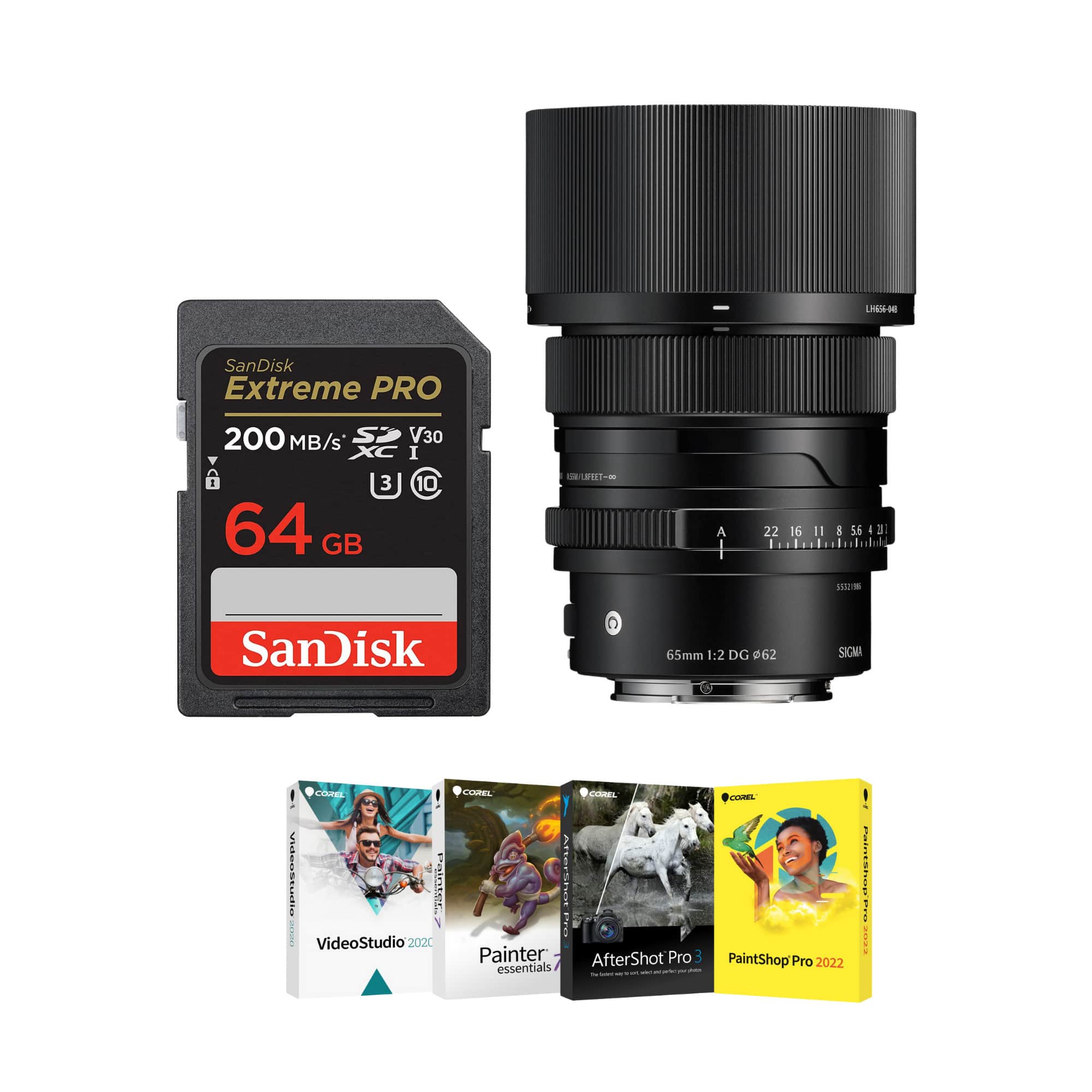 Sigma - 65mm F2 DG Black Lens for Sony E Mount, Software, 64GB Memory Kit