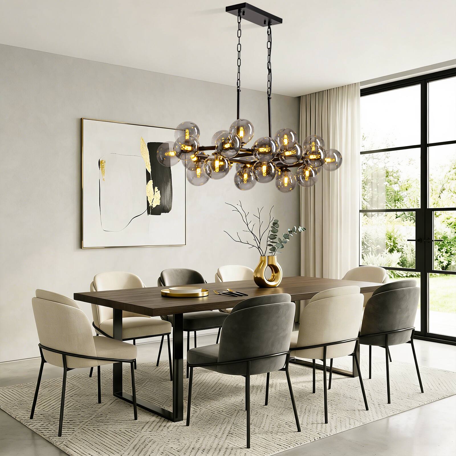 Back. Siljoy - 47 Inch 24 Lights Luxury Smoke Globe Linear Molecular Chandelier for  Island Dining Room Living Room and Foyer - smoky gray.