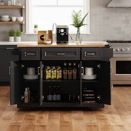 Forest'nSky - 54" Large Rolling Kitchen Island with Rubber Wood Drop Leaf, Embossed Texture, 4 Doors, and 3 Drawers - Black