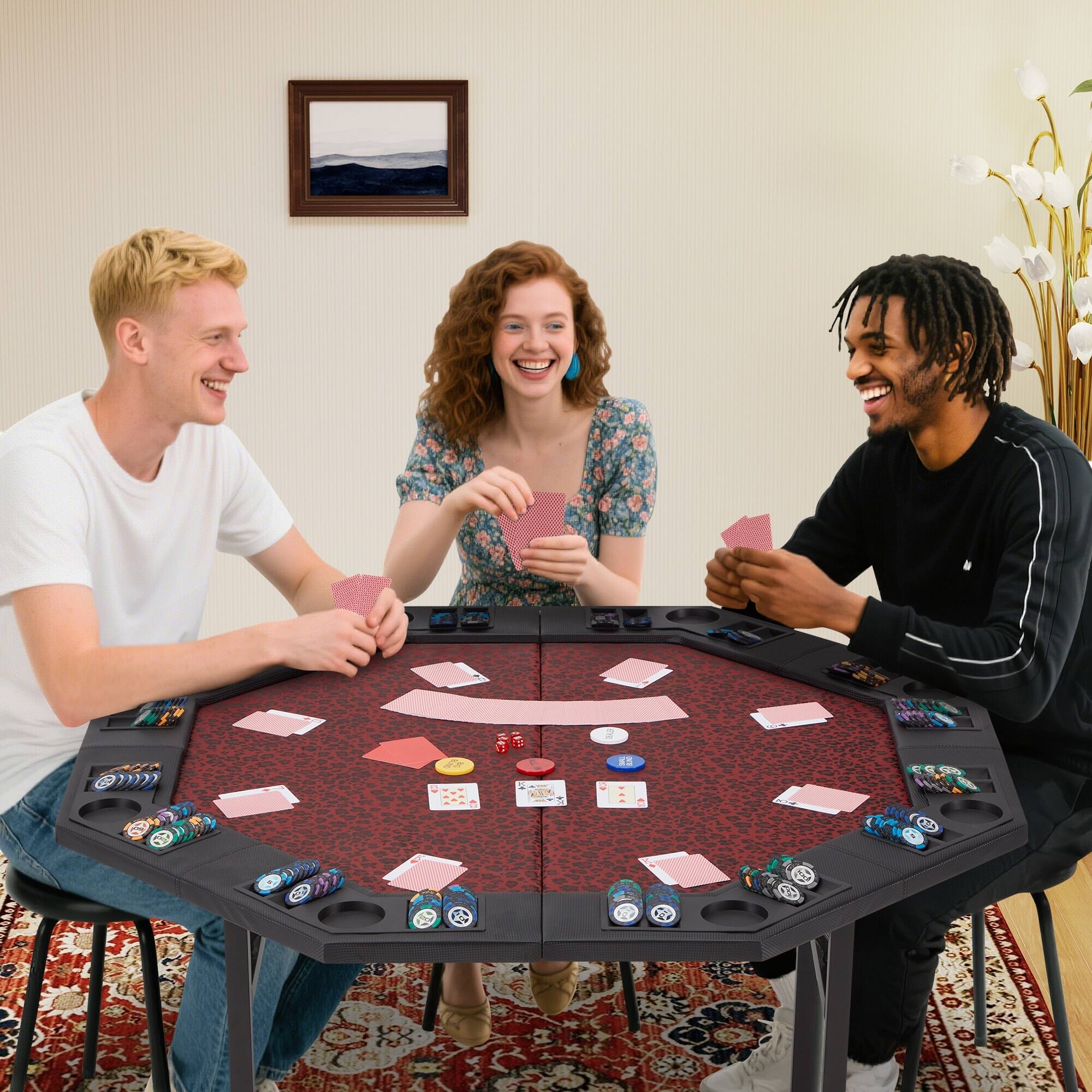 Angle. U-HOMY - Foldable 8-Player Poker Table with Cup Holders and Chip Trays, Portable Folding Card Table for Game Nights.