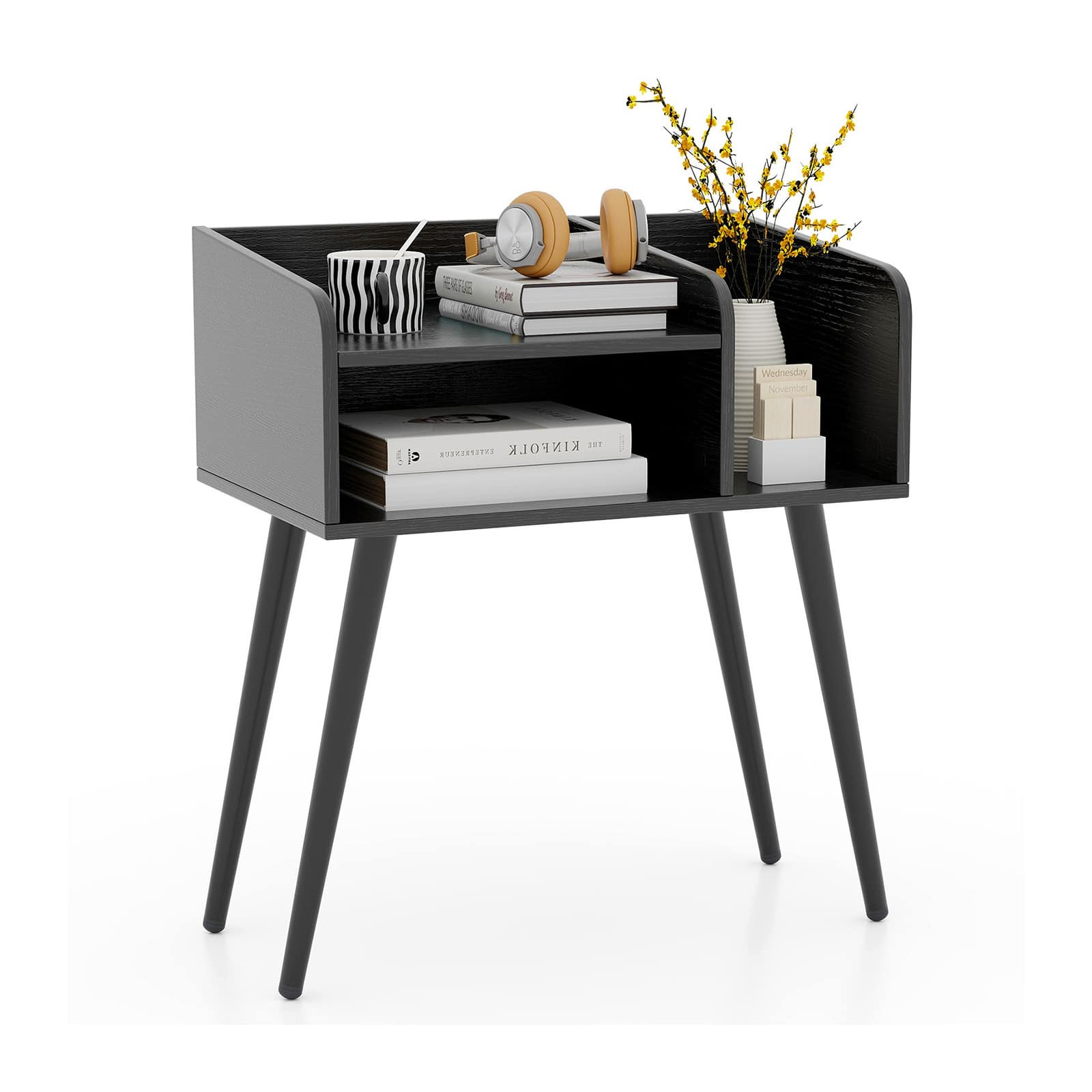 Ecooso - Mid Century Nightstand with Open Shelves Modern Bedside End Side Table for Bedroom - Black