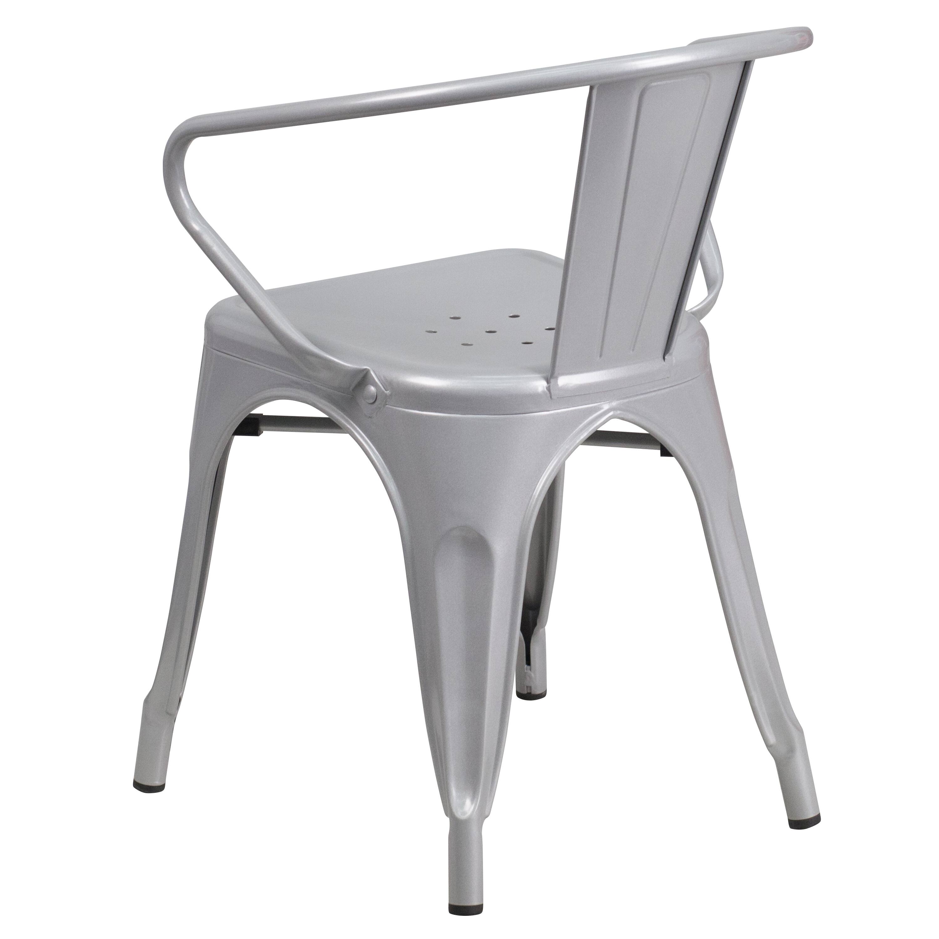 Alt View 5. Emma + Oliver - Commercial Grade Colorful Metal Indoor-Outdoor Chair with Arms - Silver.
