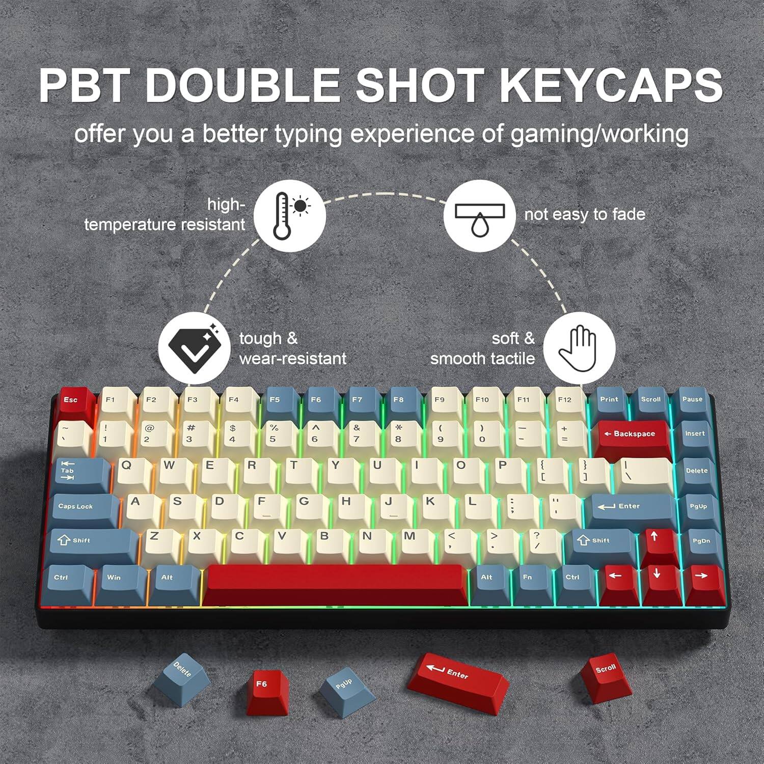 PBT DOUBLE SHOT KEYCAPS offer you a better typing experience of gaming/working

- high-temperature resistant
- not easy to fade
- tough & wear-resistant
- soft & smooth tactile

Keycaps:
- Esc F1 F2 F3 F4 F5 F6 F7 F8 F9 F10 F11 F12
- Print Scroll Pause
- 1 2 3 4 5 6 7 8 9 0 -
- Q W E R T Y U I O P
- A S D F G H J K L
- Z X C V B N M
- Backspace Insert Delete
- Caps Lock Shift
- Ctrl Win Alt
- Enter PgUp PgDn
