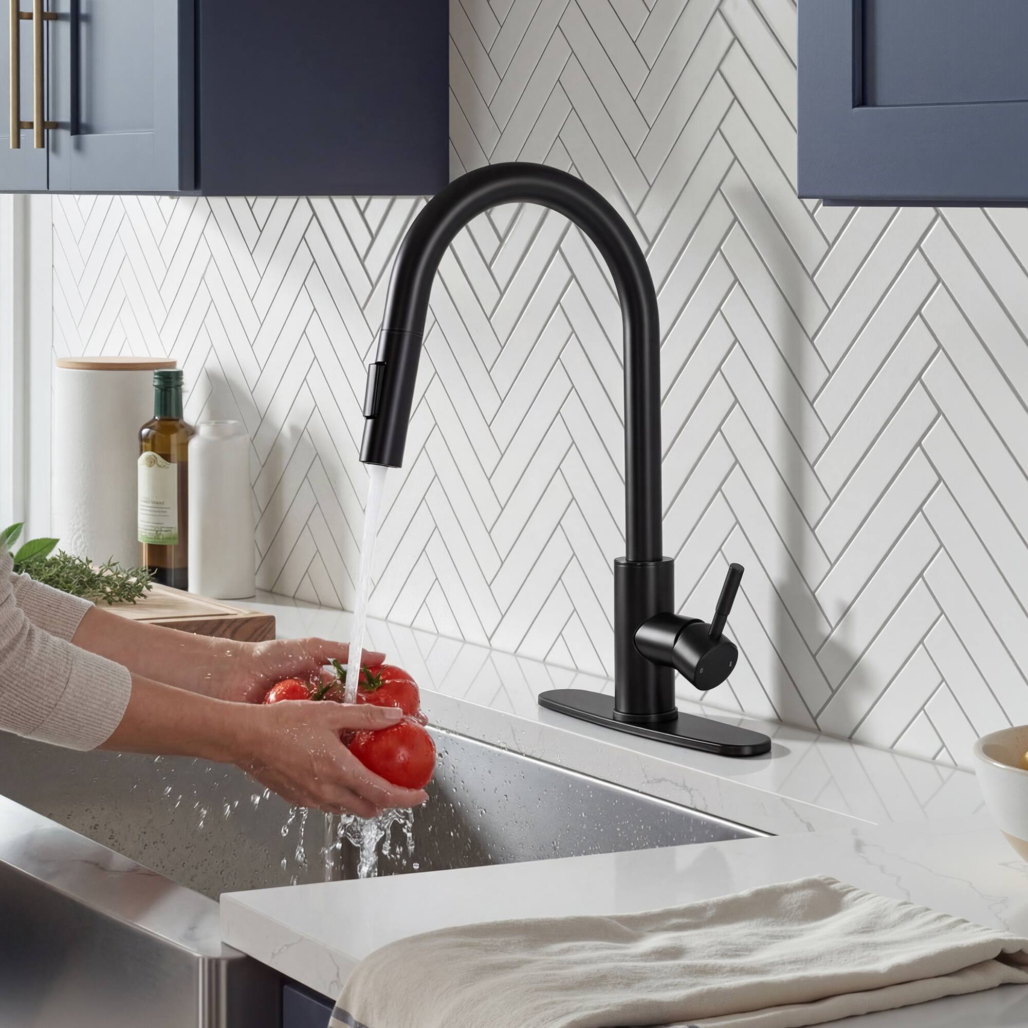 Alt View 7. Akicon - Akicon Single Handle Pull Down Stainless Steel Kitchen Faucet with Dual-Function Sprayer in Black - Black.