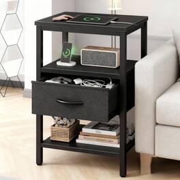 AENKYO - 2PCS Bedside Table Nightstand with Charging Station and Adjustable Fabric Drawer - Black