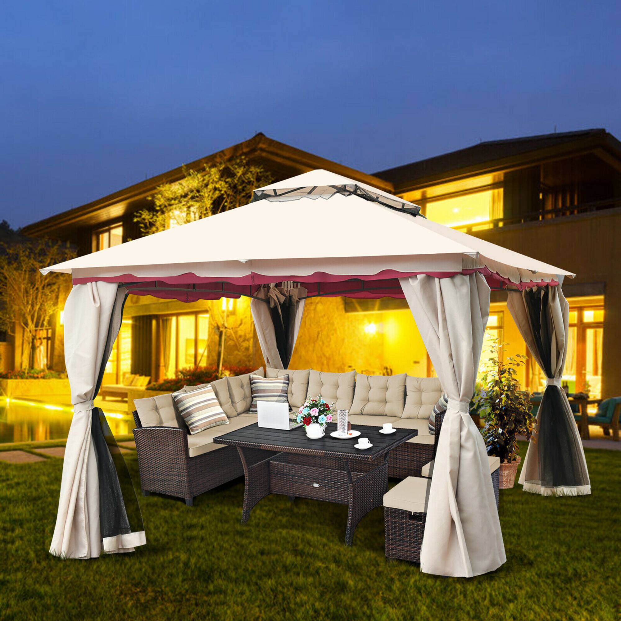 Alt View 1. Gymax - Gymax 13'x10'Outdoor Canopy Gazebo Art Steel Frame Party Patio Canopy Gazebo W/Netting - Sand color +Black.