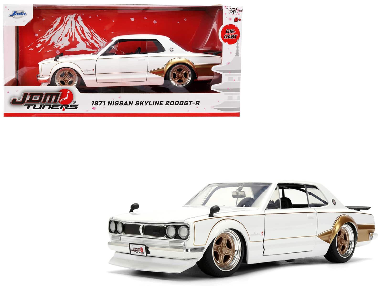 1971 Nissan Skyline 2000GT-R RHD Graphics "JDM Tuners" Series 1/24 Diecast Model Car by Jada - White with Gold
