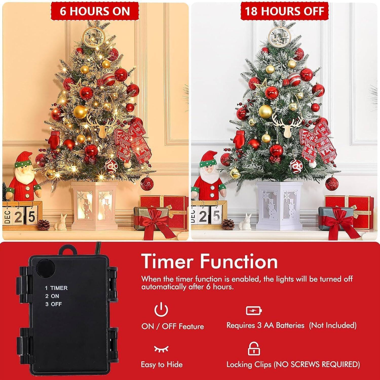 6 HOURS ON  
18 HOURS OFF  

Timer Function  
When the timer function is enabled, the lights will be turned off automatically after 6 hours.  

1 TIMER  
2 ON  
3 OFF  

ON / OFF Feature  
Requires 3 AA Batteries (Not Included)  

Easy to Hide  
Locking Clips (NO SCREWS REQUIRED)