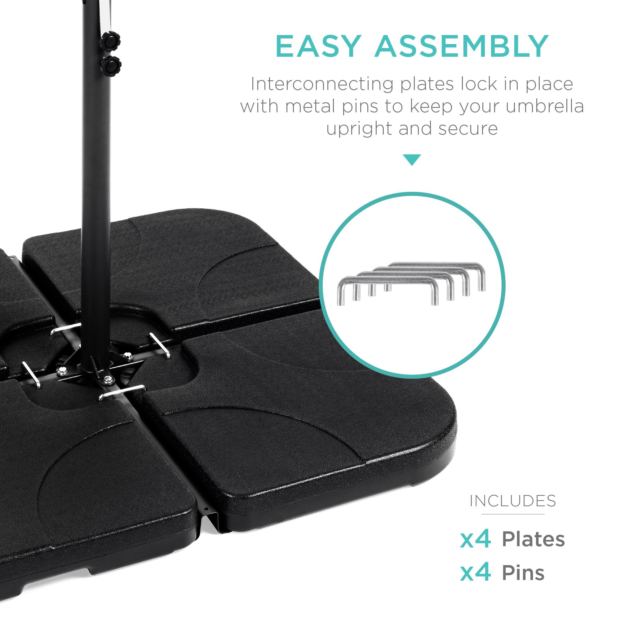 EASY ASSEMBLY  
Interconnecting plates lock in place with metal pins to keep your umbrella upright and secure  

INCLUDES  
x4 Plates  
x4 Pins