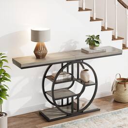 Qeetex - 55" Entryway Table with 5-Tier Storage, Industrial Narrow Console Sofa Table with O-Shaped Metal Frame - Gray
