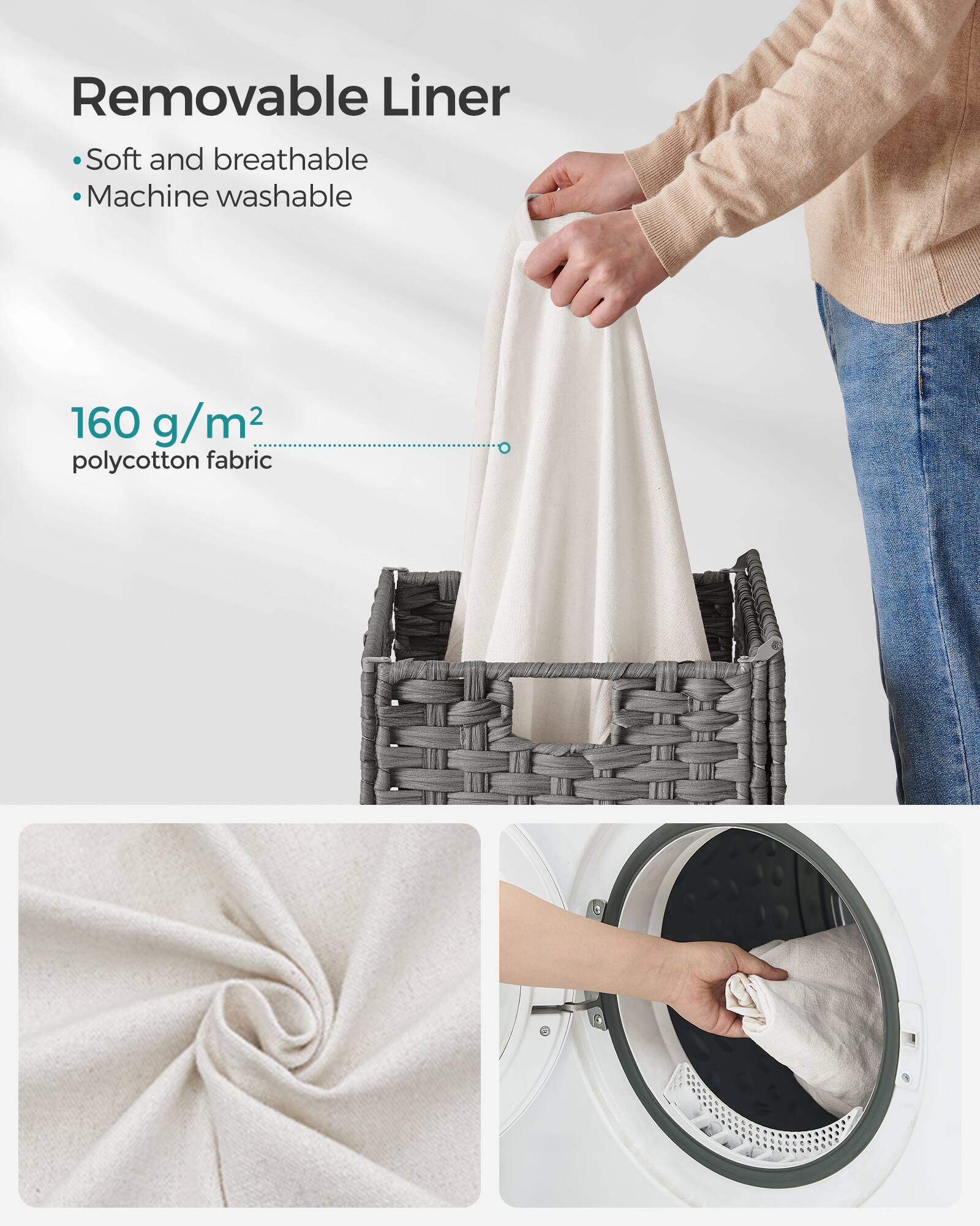 Removable Liner  
- Soft and breathable  
- Machine washable  

160 g/m² polycotton fabric