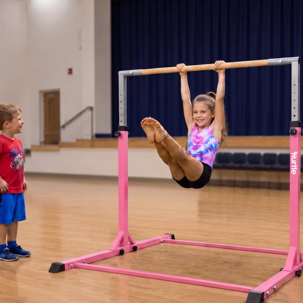 Back. Hurtle - Hurtle Gymnastics Bar for Kids, 12-Level Adjustable Height Pull-Up Bar, Non-Slip Base, Steel Frame, 220 lb Capacity - Pink.