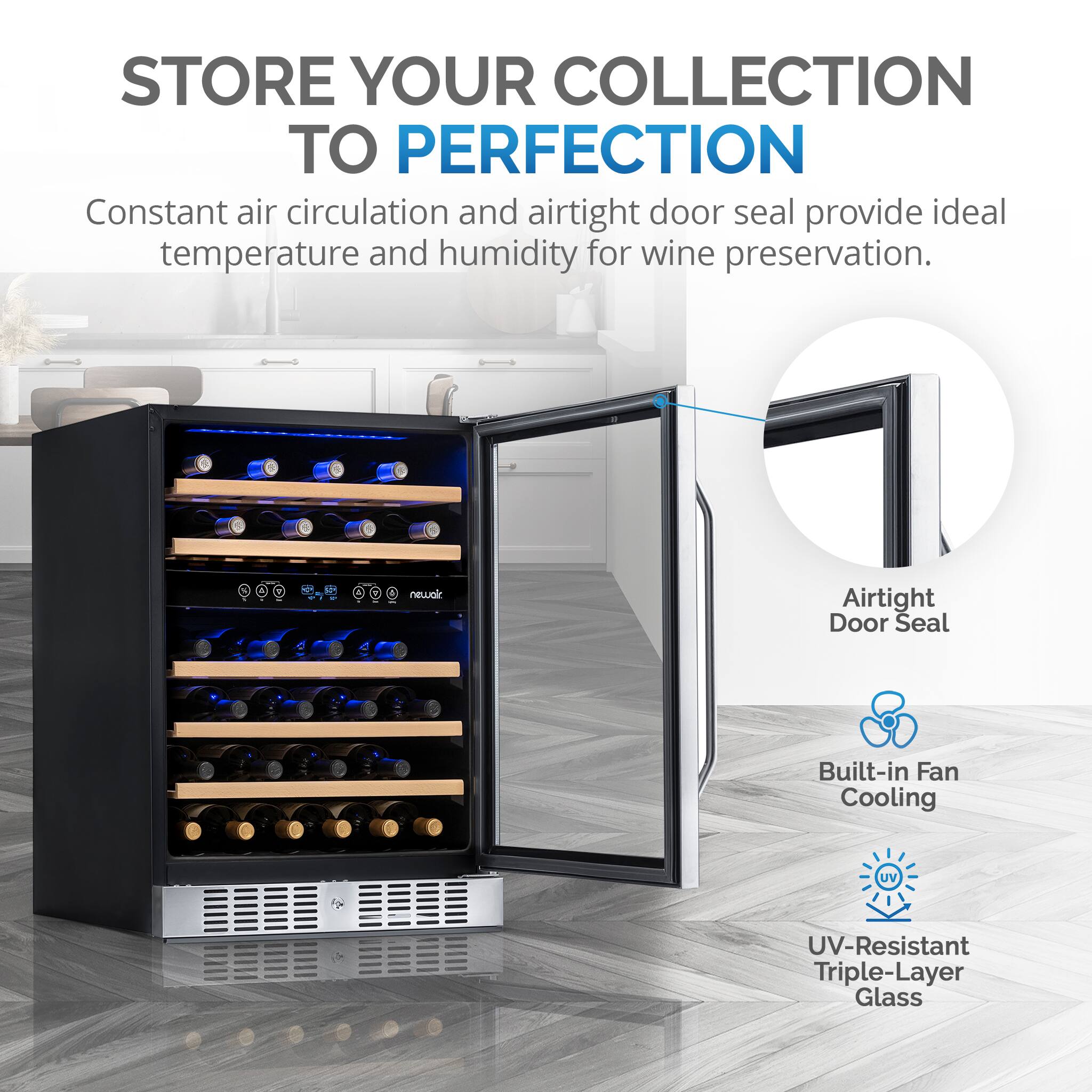 Store your collection to perfection with this wine refrigerator. It features constant air circulation and airtight door seal, providing ideal temperature and humidity for wine preservation. The refrigerator also has a built-in fan for cooling and UV-resistant triple-layer glass for protection.
