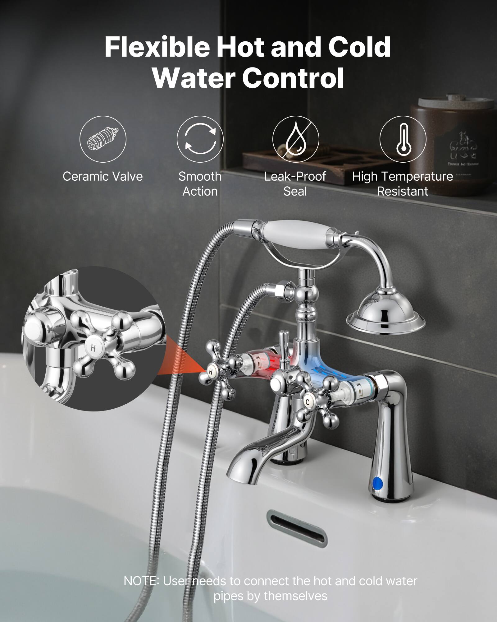 Flexible Hot and Cold Water Control  
Ceramic Valve  
Smooth Action  
Leak-Proof Seal  
High Temperature Resistant  

NOTE: User needs to connect the hot and cold water pipes by themselves