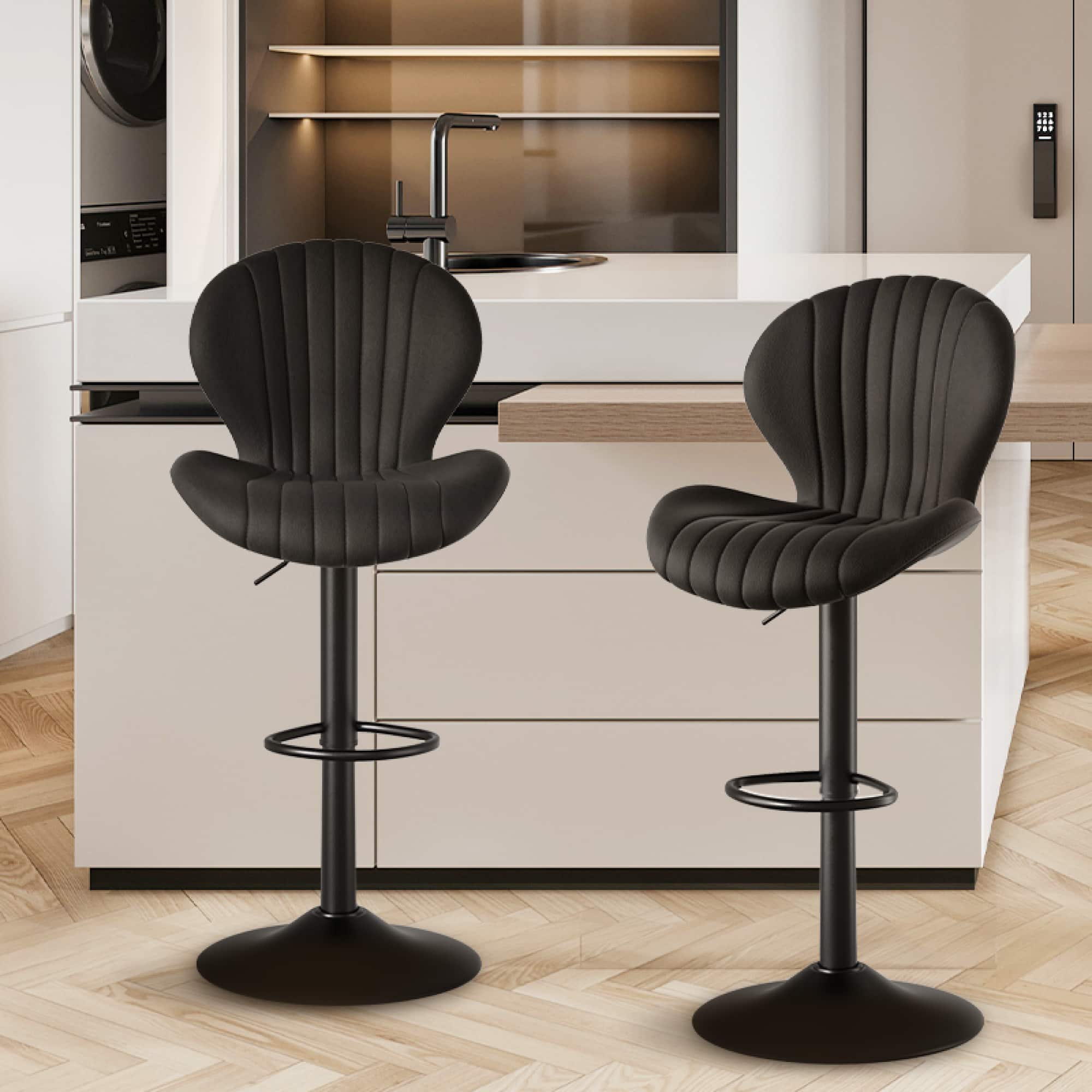 HTUTWOO - 360° Swivel Bar Stools Set of 2, Adjustable Counter Stools, Faux Leather Bar Chairs with Pedal and Backrest for Kitchen - Black