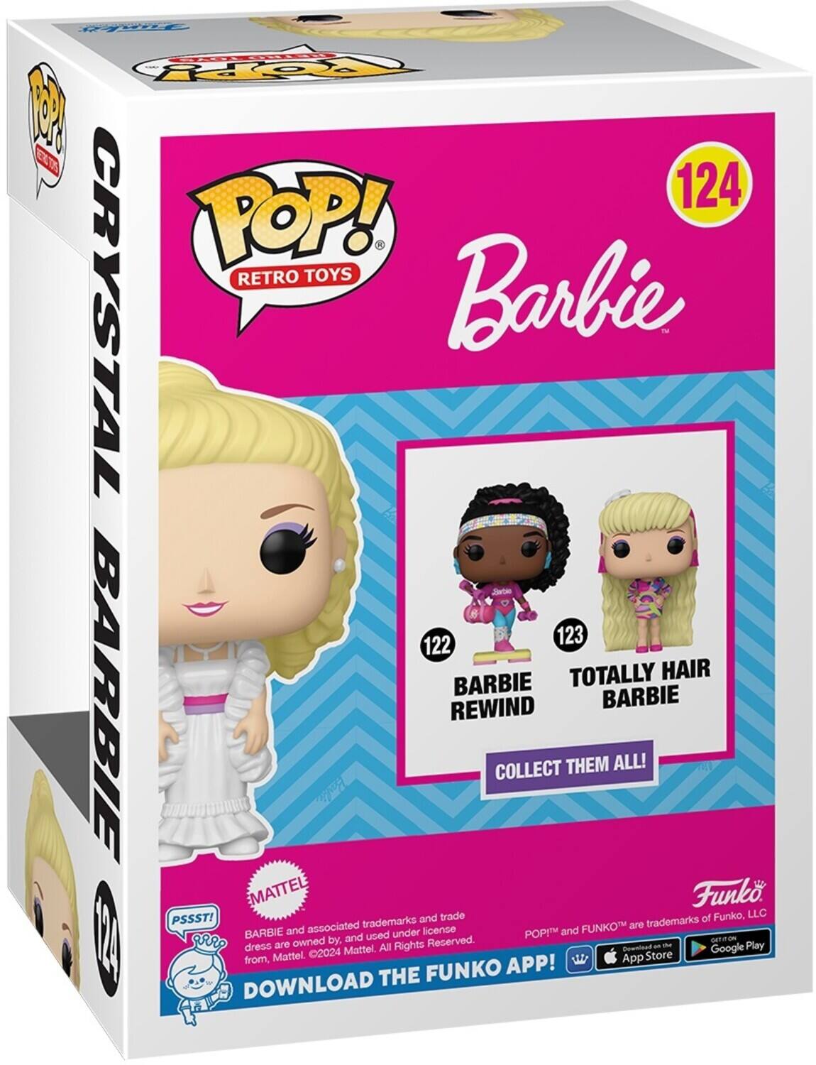 The text on the image can be grouped and corrected as follows:

---

**Funko Pop! Retro Toys**

**Barbie**

**124**

**Totally Hair Barbie**

**Barbie Rewind**

**Collect Them All!**

**Funko Pop!**

**Barbie and associated trademarks are owned by, and used under license from Mattel. All Rights Reserved.**

**Download the Funko App!**

**Available on the App Store and Google Play**

---

This text is from the packaging of a Funko Pop! figure, specifically the 124th in the Barbie series, featuring a "Totally Hair Barbie" from the "Barbie Rewind" collection.
