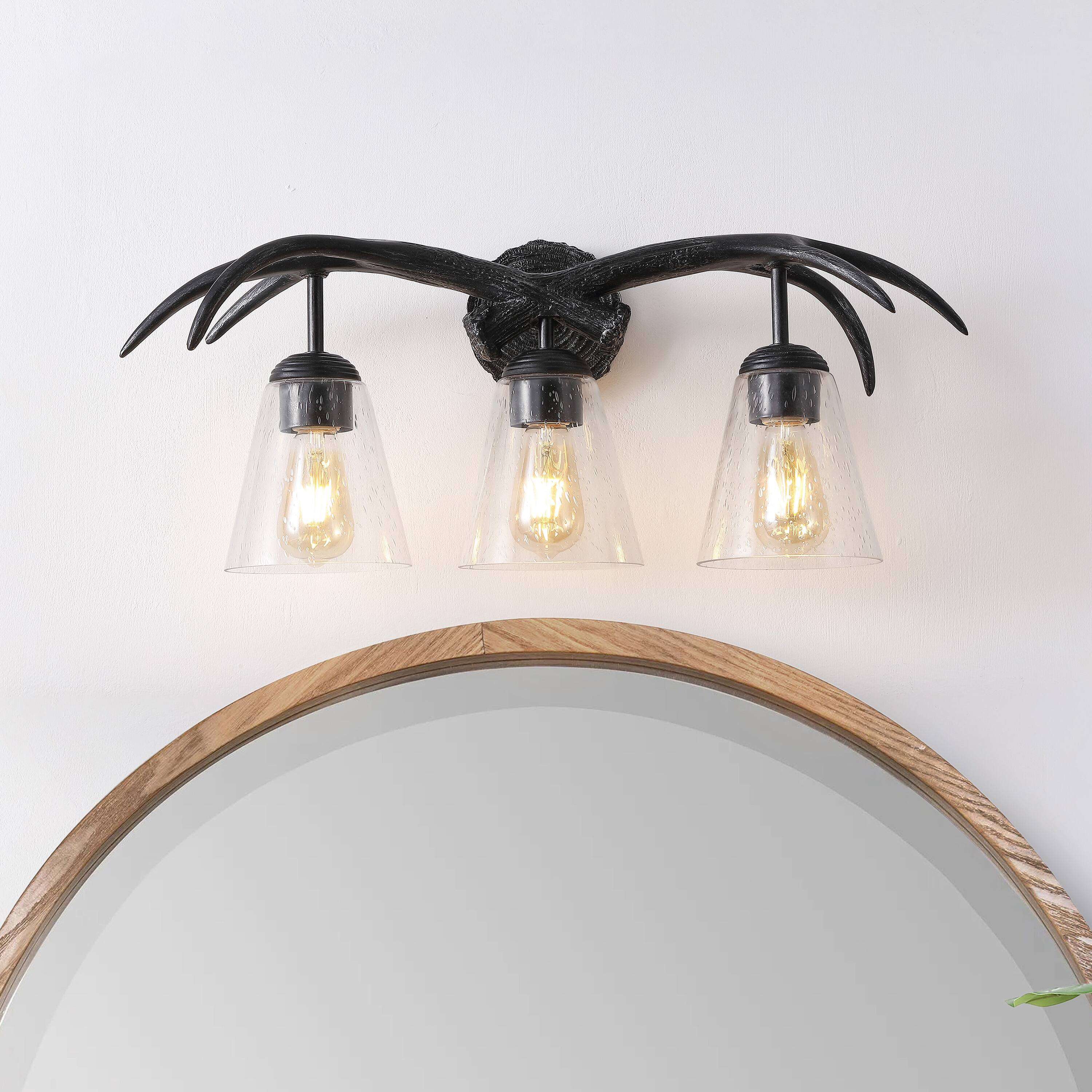 Alt View 1. Jonathan Y - Wyatt 25.5" 3-Light Southwestern Bohemian Resin/Seeded Glass Faux Antler LED Vanity Light, Antique Black Wood Finish - Antique Black.