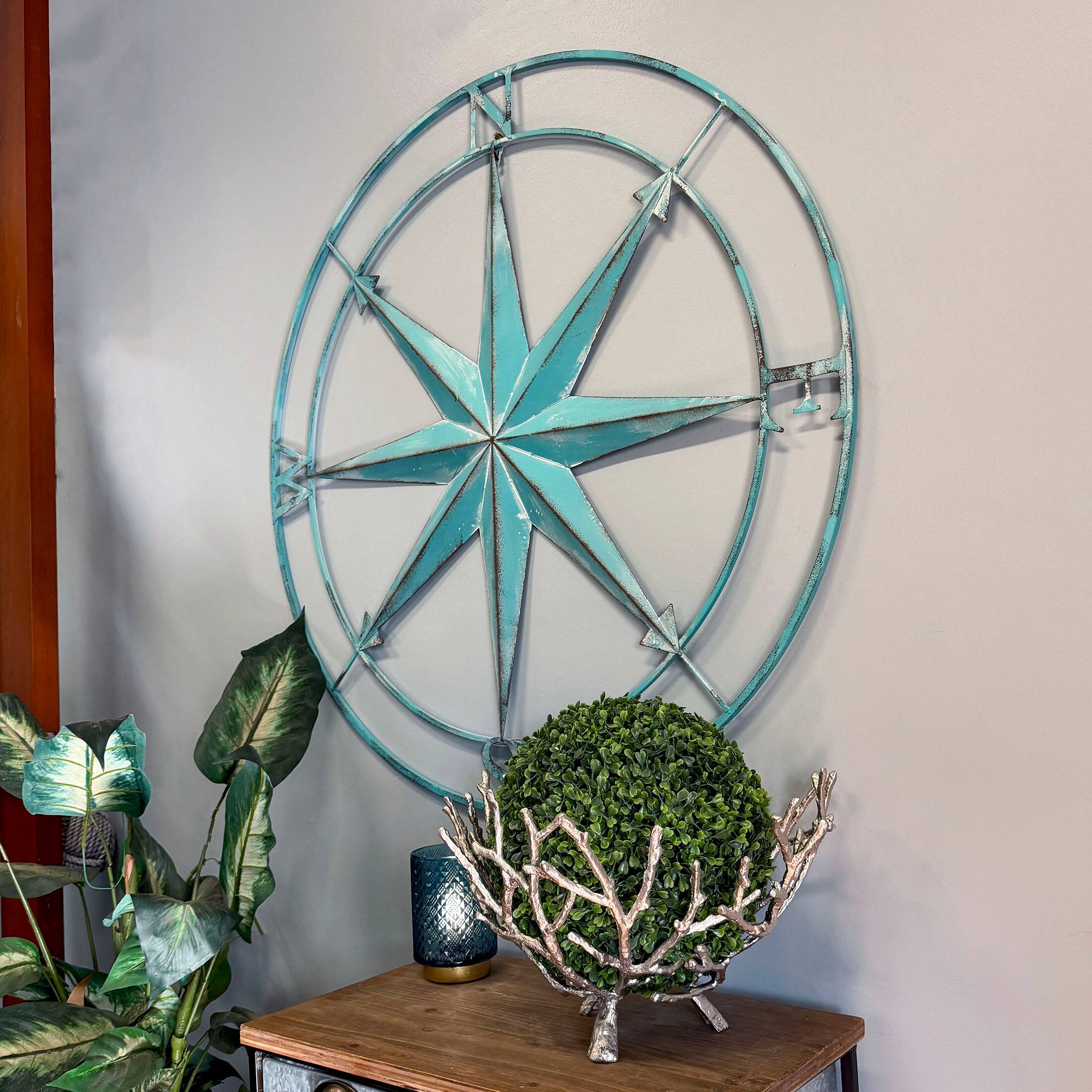 Alt View 4. Zeckos - 39 inch Aqua Metal Compass Rose Wall Decor Distressed Nautical Coastal Art - Aqua.