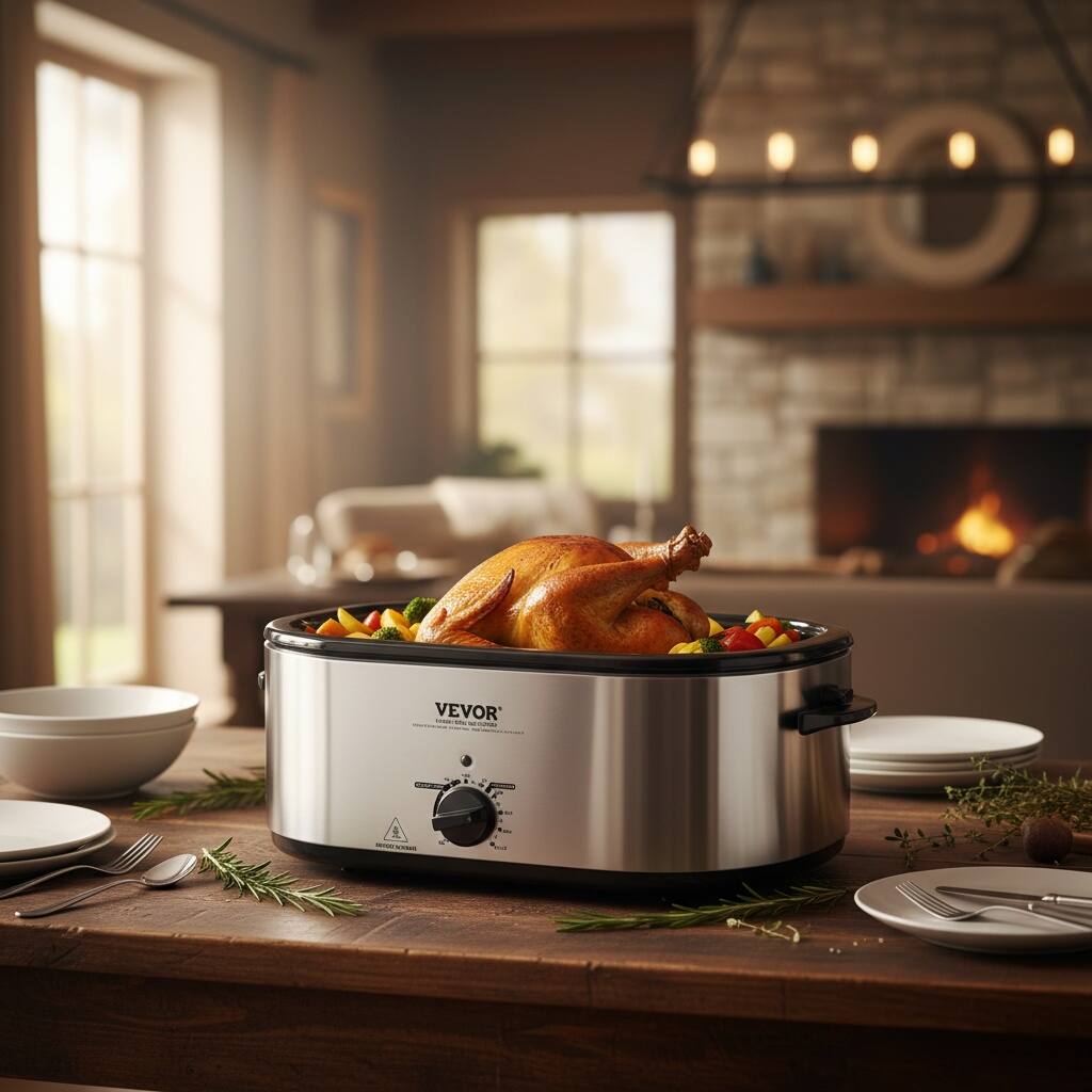 Left. Forest'nSky - 24 Qt Electric Turkey Roaster with Self-Basting Glass Lid, Fits 28 lb Bird, 1450W, Adjustable Temperature ,Silver - Silver.