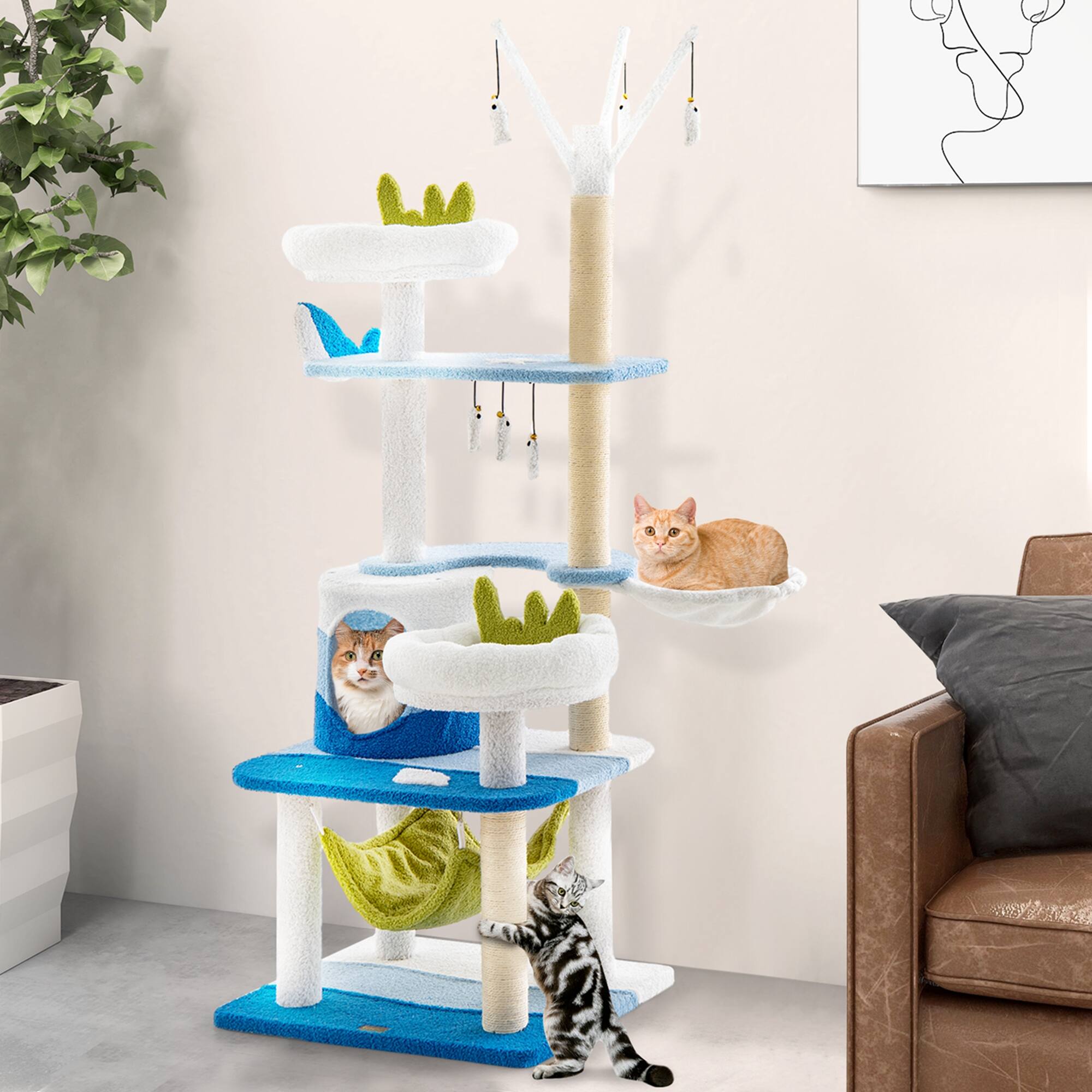 Alt View 3. Costway - Costway Ocean-themed Cat Tree with Sisal Covered Scratching Posts Condo Perch Indoor Tower - Blue.