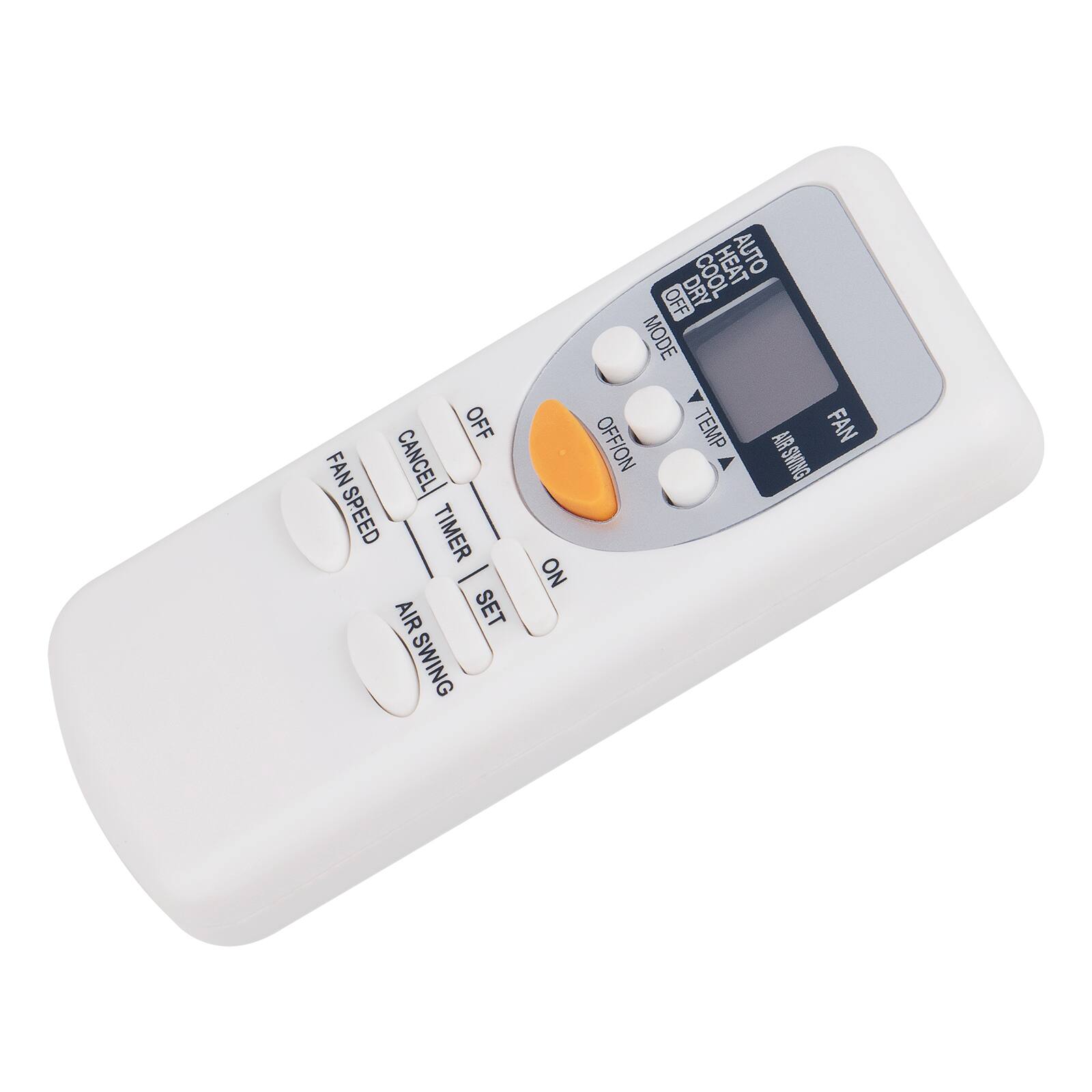 Sure, here is the corrected and grouped text from the image:

- **Mode:**
  - COOL
  - DRY
  - FAN
  - AUTO
  - OFF

- **Temp:**
  - (Up arrow)
  - (Down arrow)

- **Fan:**
  - FAN SPEED

- **Air Swing:**
  - AIR SWING

- **Timer:**
  - CANCEL
  - TIMER

- **Power:**
  - OFF
  - ON

- **Additional:**
  - SET