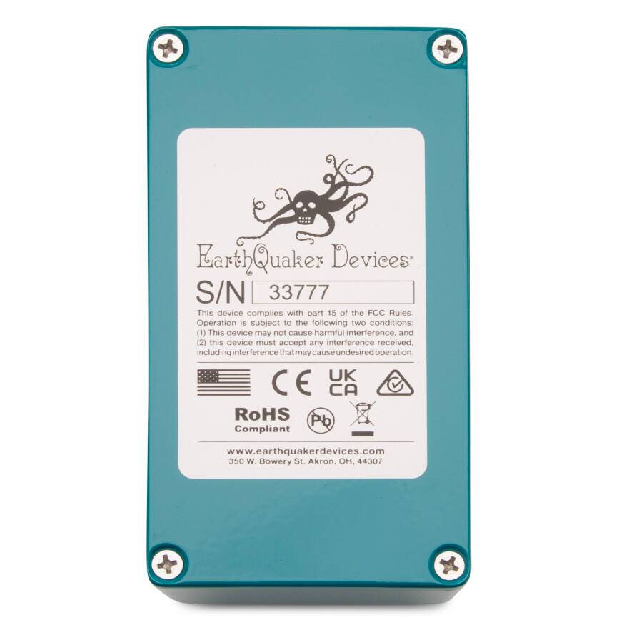 EarthQuaker Devices  
S/N 33777  

This device complies with part 15 of the FCC Rules. Operation is subject to the following two conditions:  
(1) This device may not cause harmful interference, and  
(2) this device must accept any interference received, including interference that may cause undesired operation.  

UK CE CA RoHS Pb Compliant  
www.earthquakerdevices.com  
350 W. Bowery St. Akron, OH, 44307