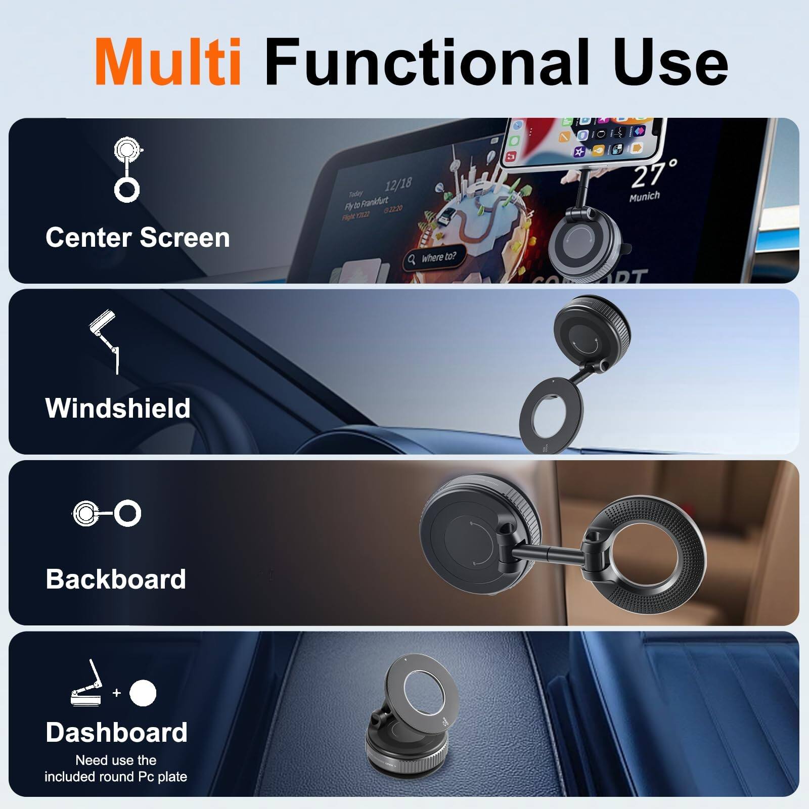 Multi Functional Use

- Center Screen
- Windshield
- Backboard
- Dashboard (Need use the included round Pc plate)