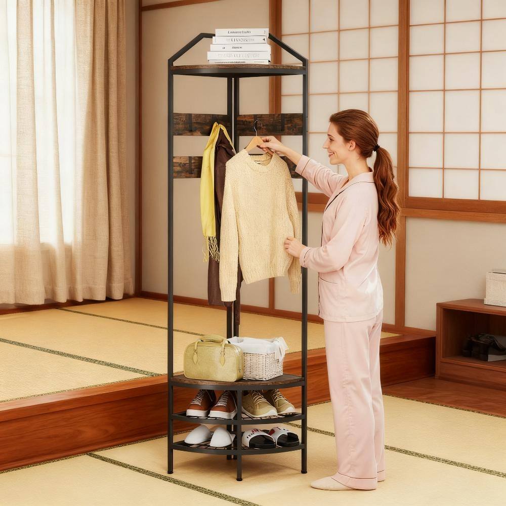 Alt View 4. Loheer - Loheer Industrial 4-Tier Coat Rack Corner Hall Tree with Shoe Storage 70.9 Inch H - Rustic Brown, Black.