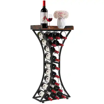 Front. VEVOR - 15 Bottle Wine Rack,Iron Freestanding Floor Wine Holder, Mini Bar Stand Liquor Cabinet with Wood Tabletop, For Home Bar - Black.