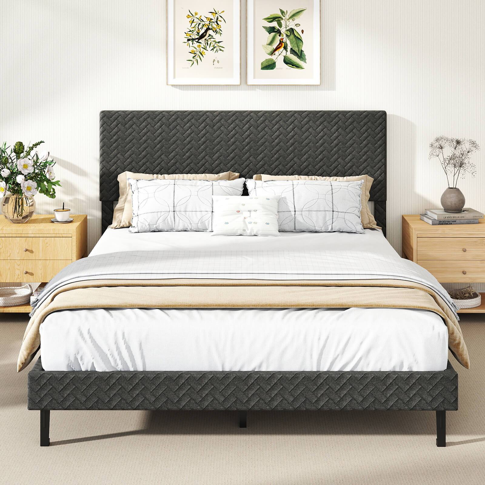 Alt View 1. Costway - Costway Queen Size Bed Frame with Height Adjustable Chevron Headboard, No Box Spring Needed - Gray.