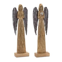 BreeBe - Carved Wood Angel Statue (Set of 2) - Brown, Metal