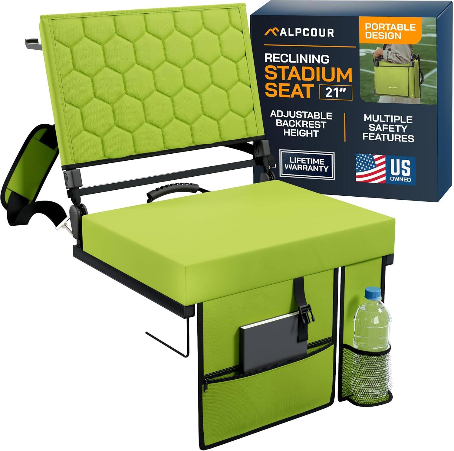 Alpcour - Folding Reclining Stadium Seat with Back Support for Bleachers - 21 Inch - Lime