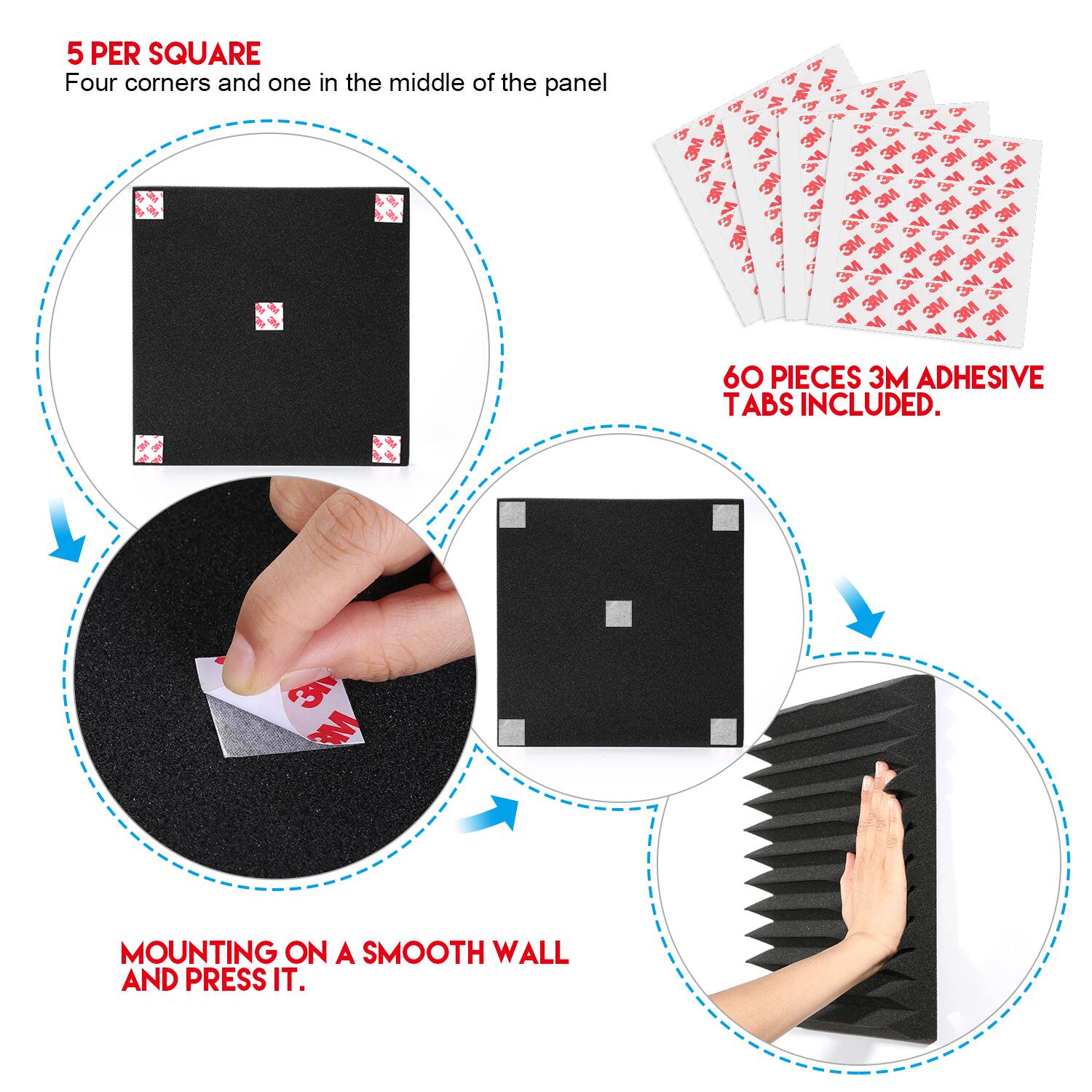 5 PER SQUARE  
Four corners and one in the middle of the panel  

60 PIECES 3M ADHESIVE TABS INCLUDED  

MOUNTING ON A SMOOTH WALL AND PRESS IT.