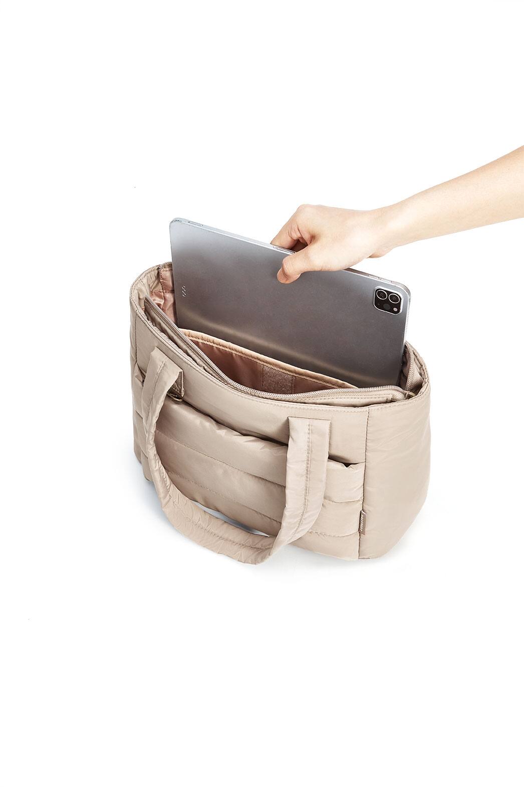 Alt View 3. Bagsmart - Puffer 8.3L Small Tote, Lightweight Water-Resistant Tote with 13.1" Laptop Compartment for Daily Commute - Khaki.