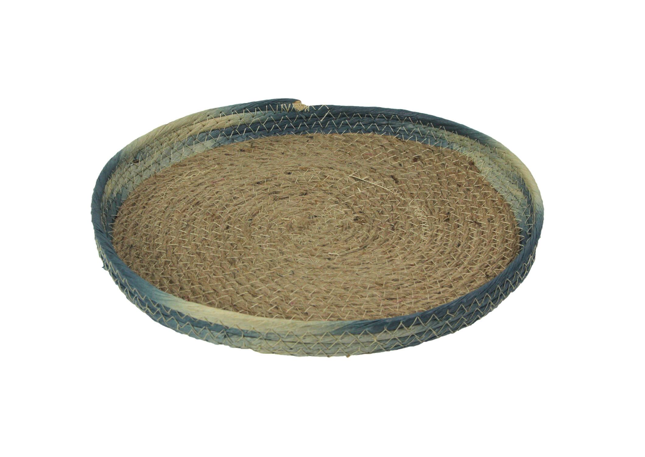 Front. Transpac - Blue Shibori Dyed Rope Serving Tray Decorative Woven Coffee Table Basket Decor - Multicolored.