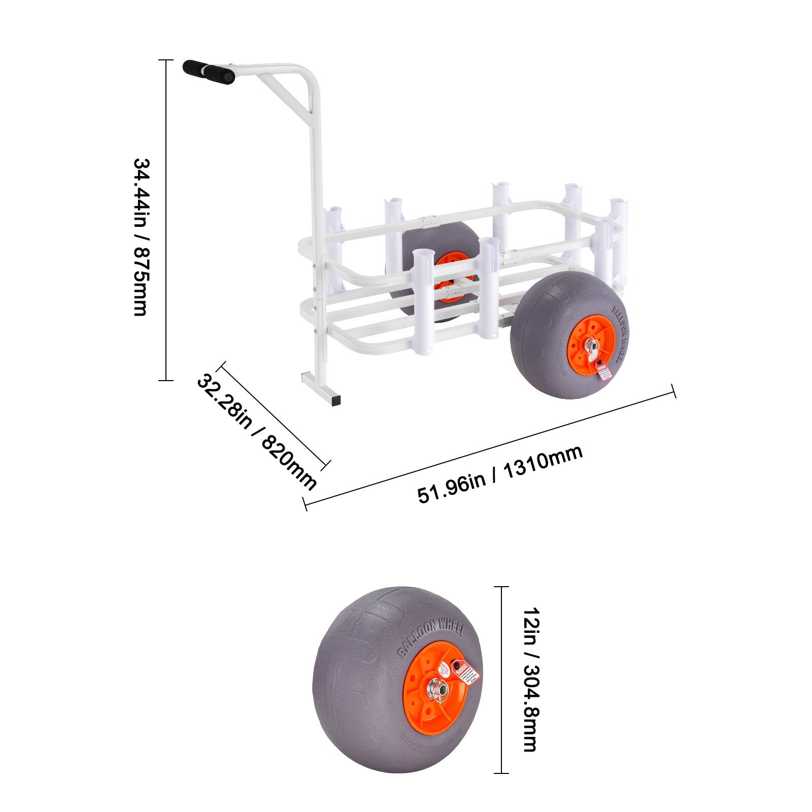 34.44in / 875mm, 32.28in / 820mm, 51.96in / 1310mm, 12in / 304.8mm