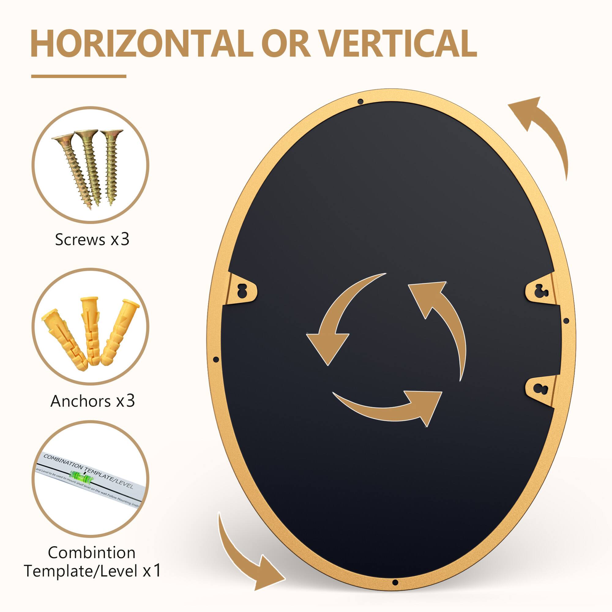HORIZONTAL OR VERTICAL

Screws x3  
Anchors x3  
Combination Template/Level x1