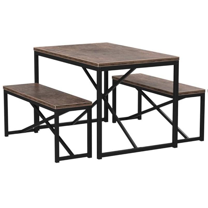 Left. SlickBlue - Modern 3-Piece Dining Set with Metal Frame Wood Top Table and 2 Benches - Dark Brown.
