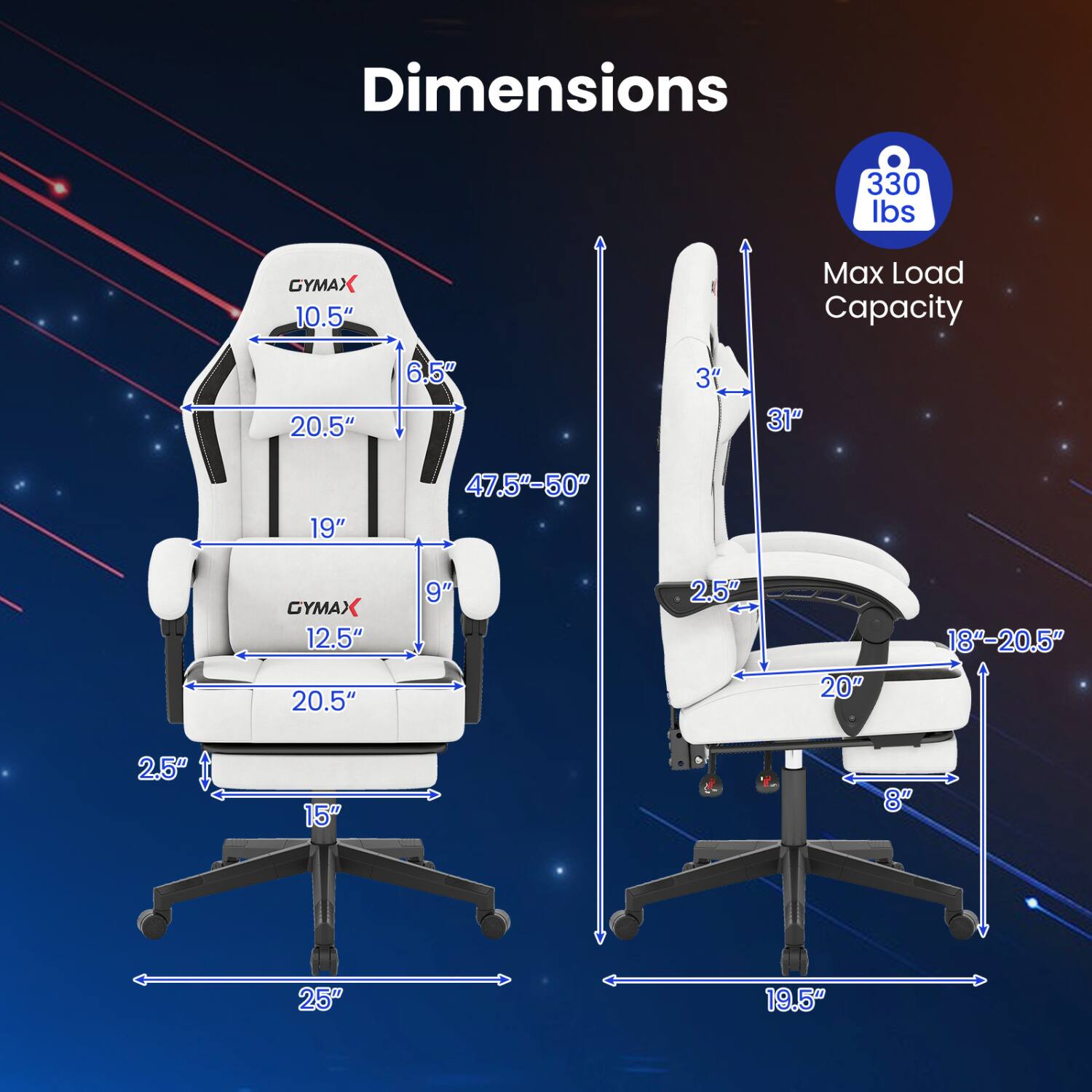 Dimensions  
330 lbs  
GYMAX 10.5"  
Max Load Capacity  
20.5"  
6.5"  
3"  
31"  
19"  
47.5"-50"  
GYMAX 12.5"  
20.5"  
9"  
2.5"  
20"  
18"-20.5"  
2.5"  
15"  
8"  
25"  
19.5"