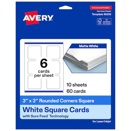 Go to avery.com/templates
Use Avery Presta Template 95336
Matte White
6 cards per sheet
10 sheets
60 cards
3" x 3" Rounded Corners Square White Square Cards with Sure Feed Technology for Laser/Inkjet