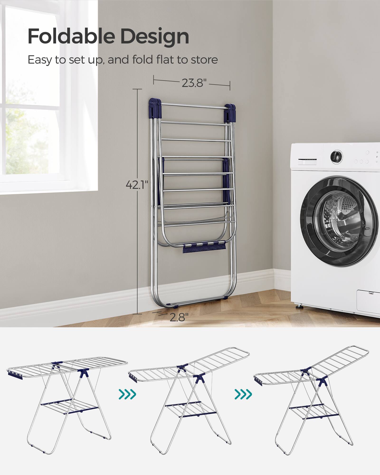 Foldable Design  
Easy to set up, and fold flat to store  
23.8" x 42.1" x 2.8"