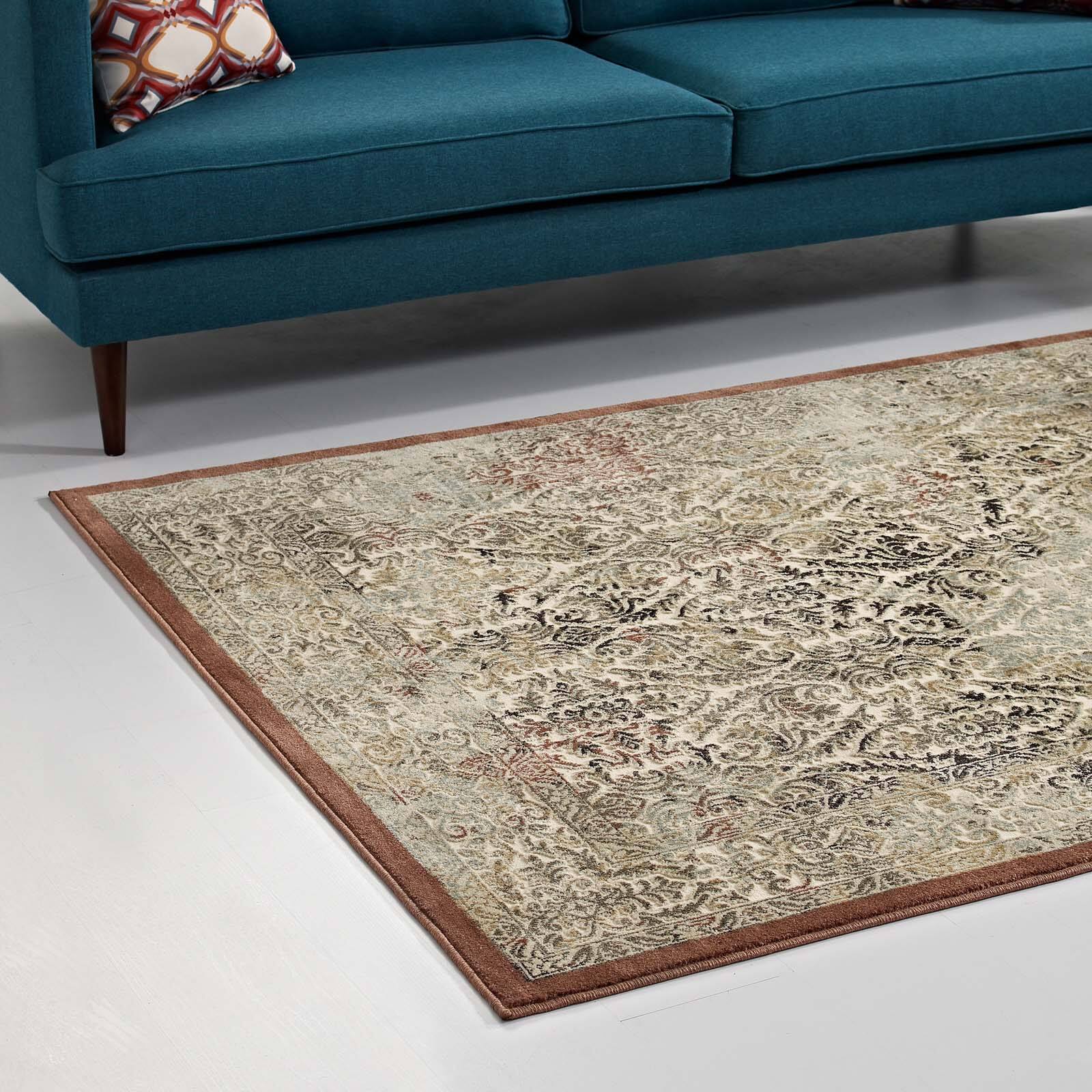 Back. Modway - Hester Ornate Turkish Vintage Area Rug - Tan and Walnut Brown.