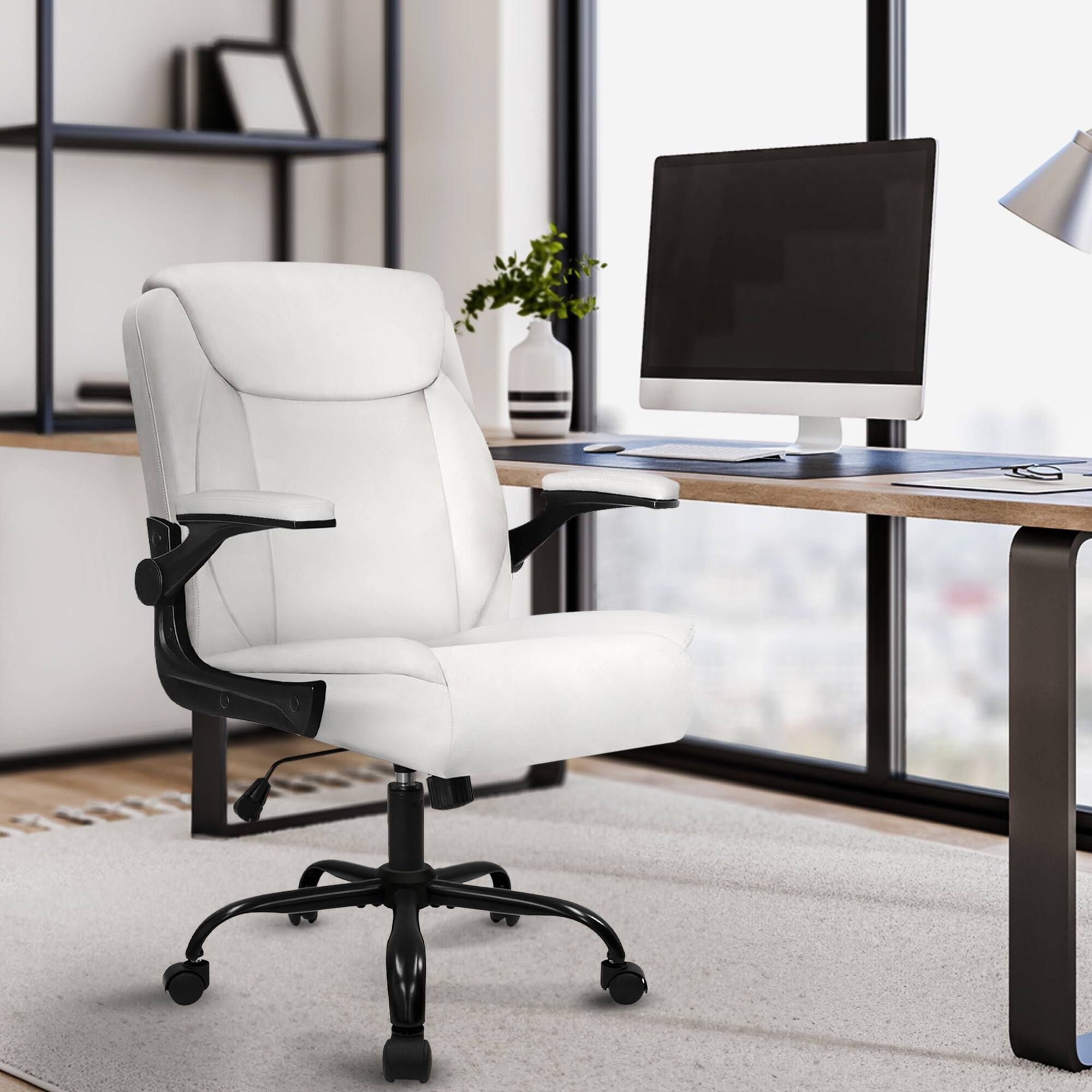 Alt View 3. Neo Chair - Leather Office Chair, Ergonomic Mid-Back Computer Chair with Flip-Up Armrests, Padded Cushion & Swivel Wheels - 1. White.