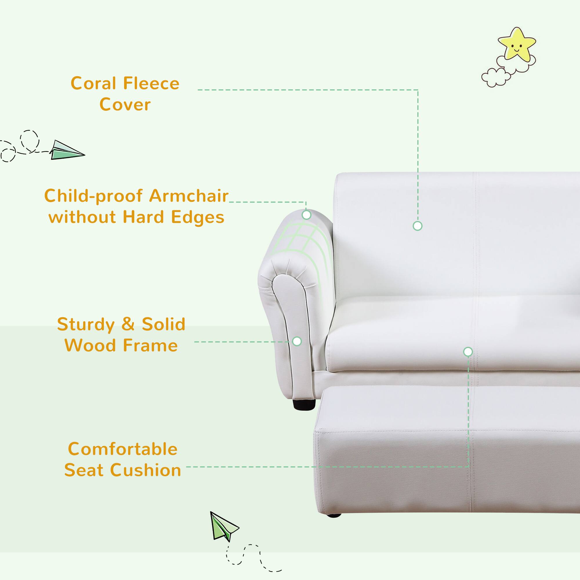 Coral Fleece Cover  
Child-proof Armchair without Hard Edges  
Sturdy & Solid Wood Frame  
Comfortable Seat Cushion