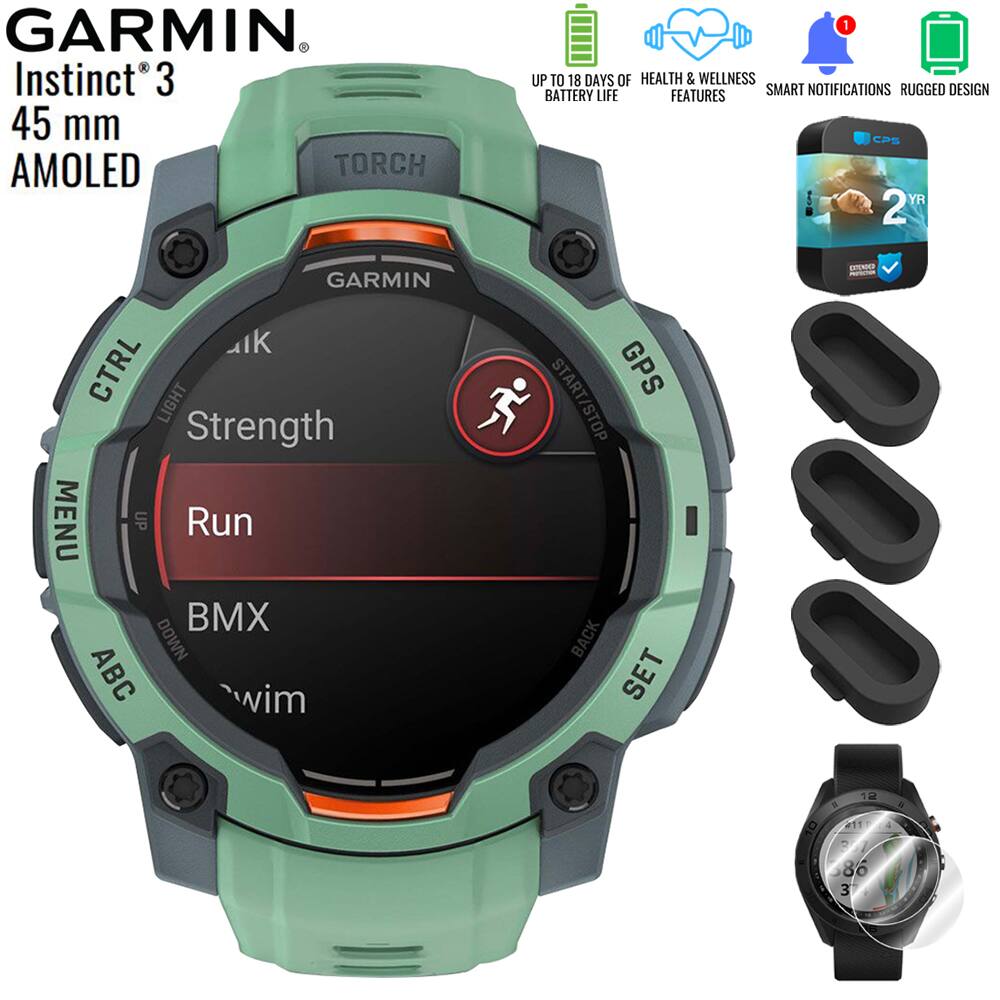 GARMIN  
Instinct 3  
45 mm AMOLED  

TORCH  
GPS  
START/STOP  

CTRL  
LIGHT  
MENU  
UP  
DOWN  
ABC  
SET  

Strength  
Run  
BMX  
Swim  

UP TO 18 DAYS OF BATTERY LIFE  
HEALTH & WELLNESS FEATURES  
SMART NOTIFICATIONS  
RUGGED DESIGN  

2 YR WARRANTY