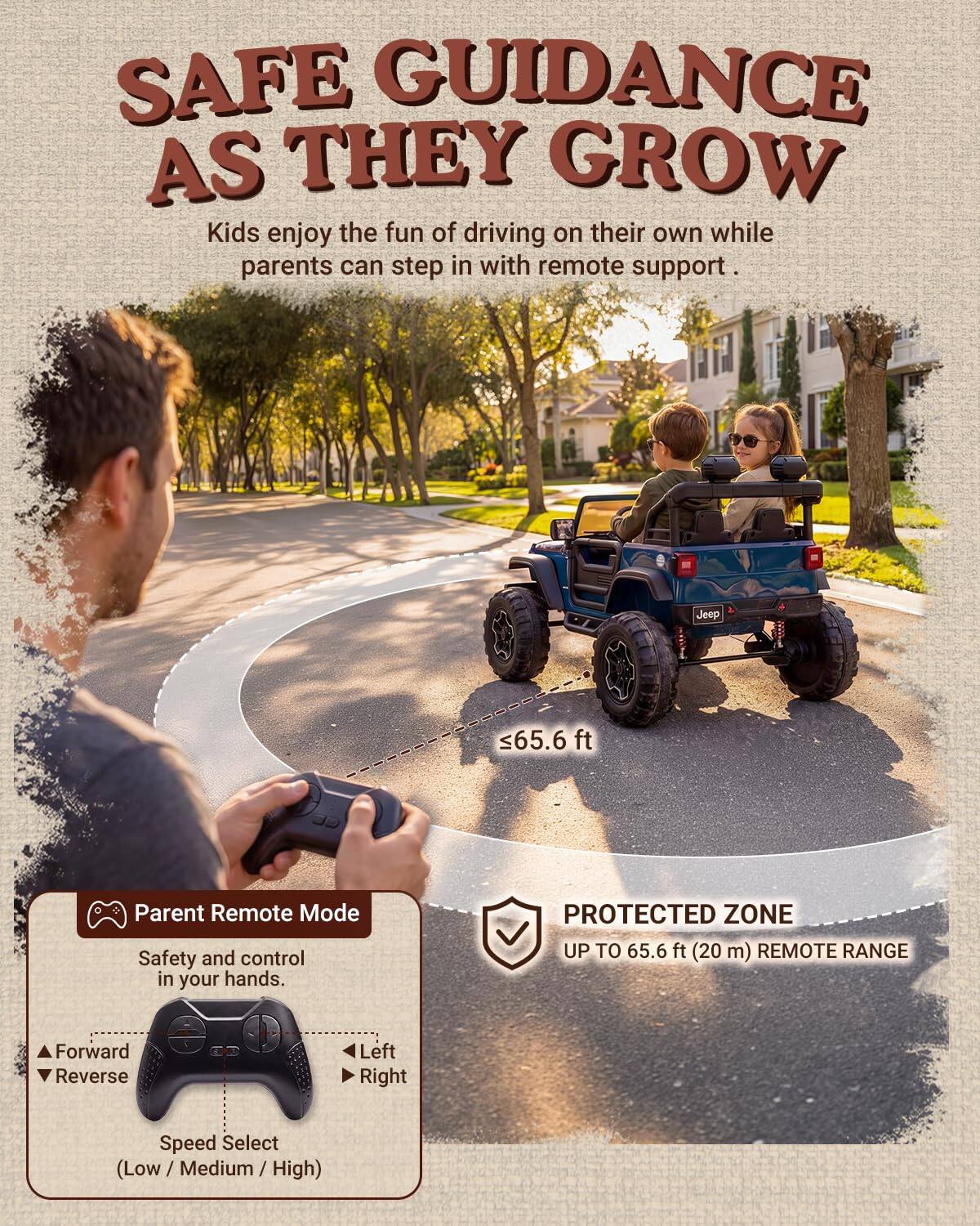 SAFE GUIDANCE AS THEY GROW  
Kids enjoy the fun of driving on their own while parents can step in with remote support.

Jeep  
≤65.6 ft

Parent Remote Mode  
Safety and control in your hands.  
Forward Reverse  
Left Right  
Speed Select (Low/Medium/High)

PROTECTED ZONE  
UP TO 65.6 ft (20 m) REMOTE RANGE